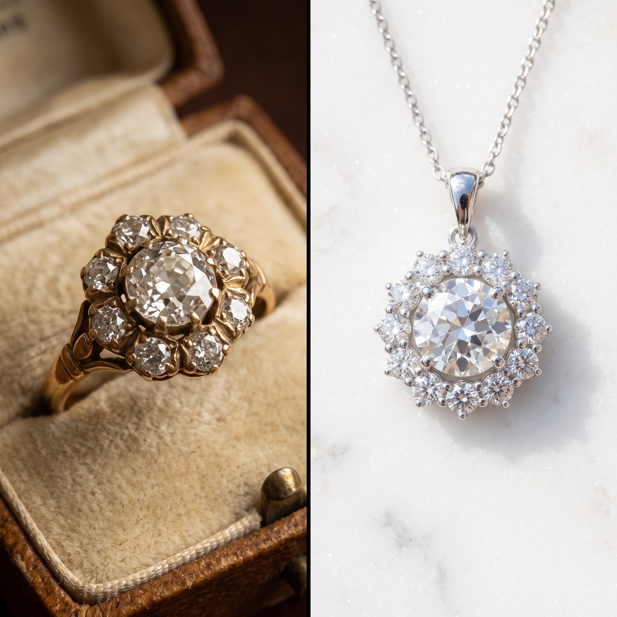 Ancienne bague cocktail transformée en pendentif diamant