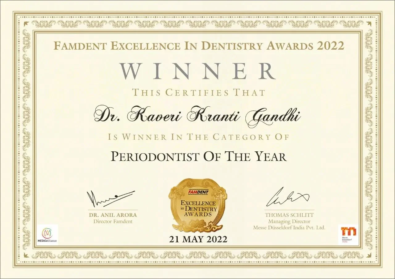 Here is another from India "Periodontist Of The Year". 

Thank you Famdent for encouraging a budding voice like mine and supporting me by your prestigious award!