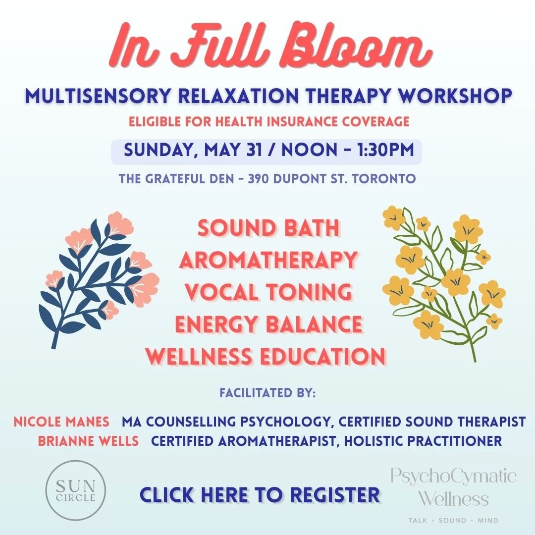 Flyer for In Full Bloom multisensory relaxation therapy workshop with details of date, location, and activities including sound bath, aromatherapy, vocal tuning, energy balance, and wellness education.