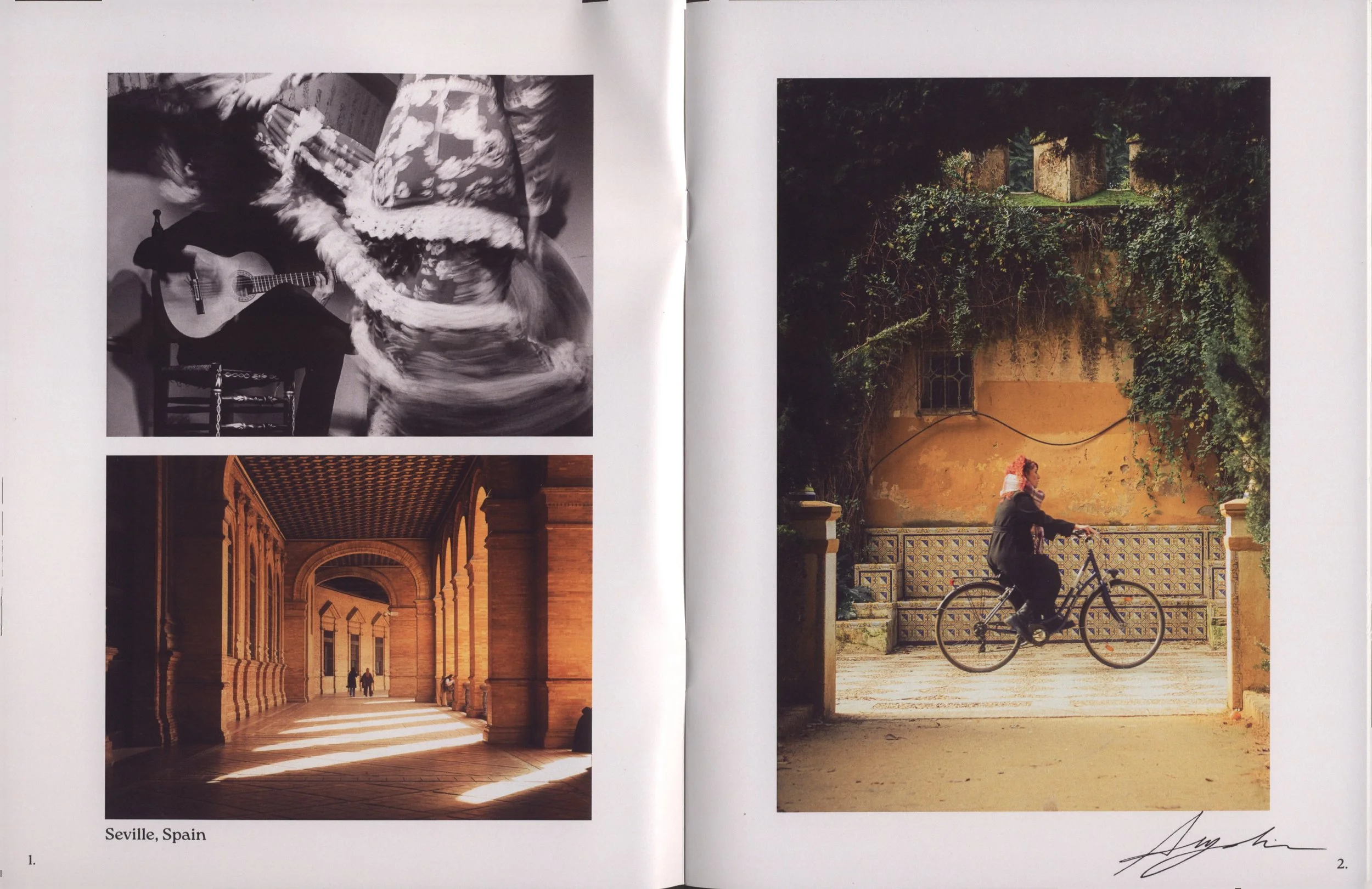 Black and white photo of a performer playing guitar and a person dancing in traditional flamenco attire; second photo shows a bright outdoor scene with a woman riding a bicycle past a textured yellow wall and lush greenery, in Seville, Spain.