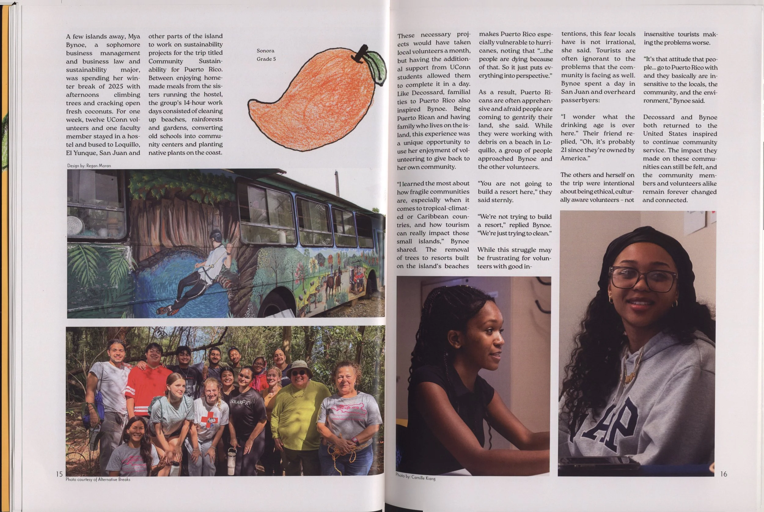 A magazine spread featuring various photographs of people and activities, including a group photo outdoors, a painted bus with a nature scene, and a close-up of two women smiling indoors.