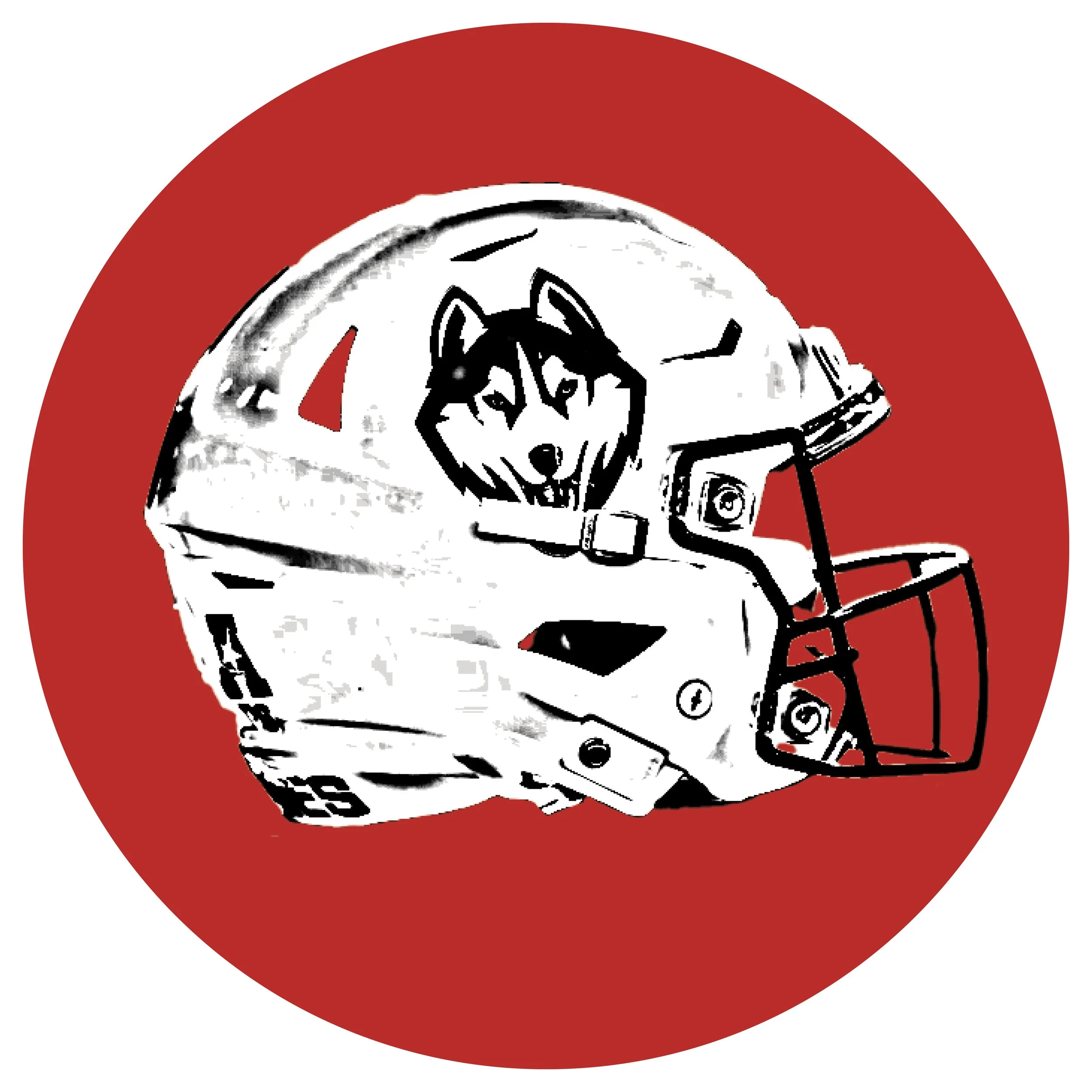 A black and white stylized illustration of a dog wearing a space helmet inside a red circle.