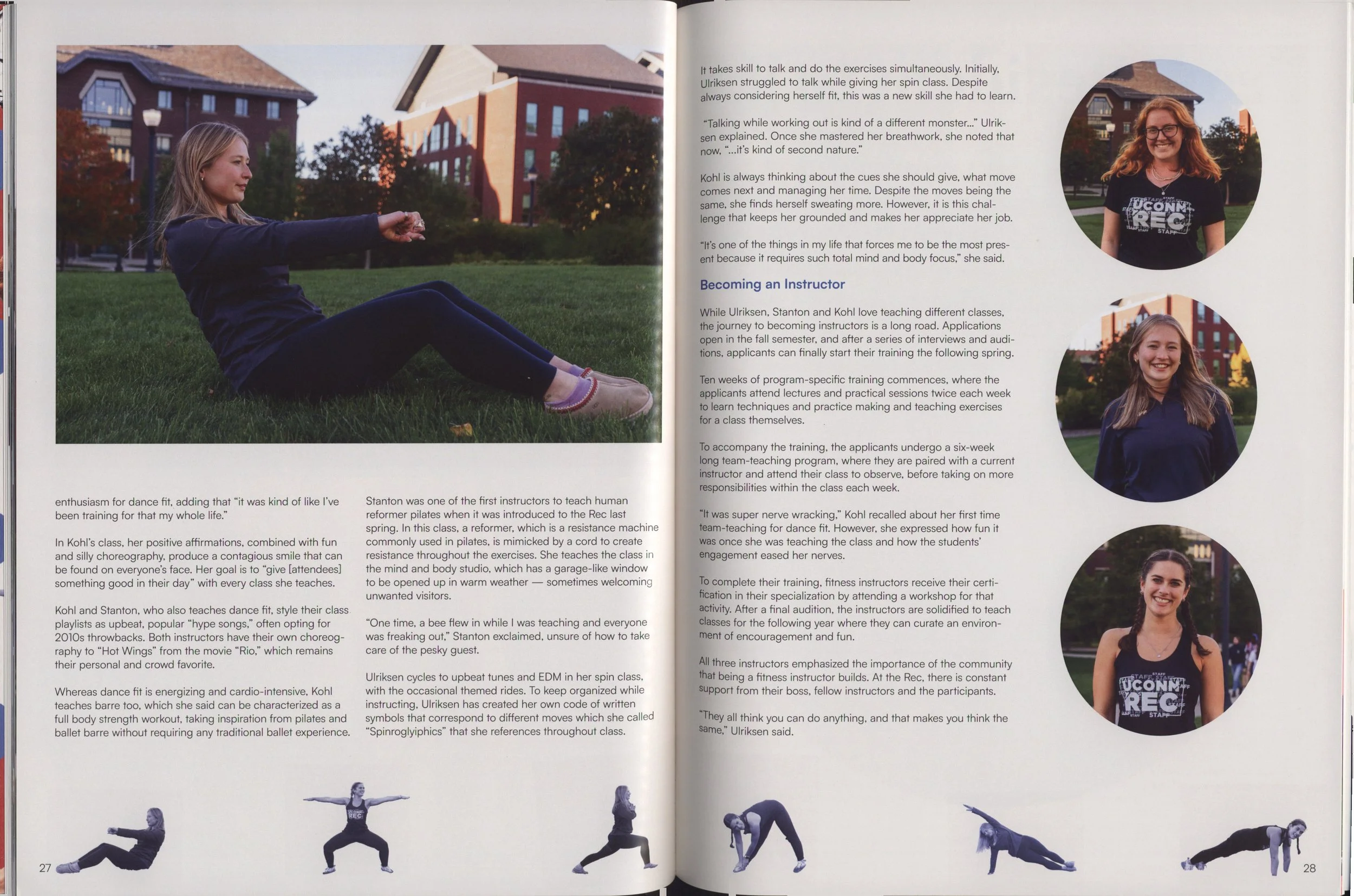 A woman with long blonde hair wearing a black long-sleeve shirt, black pants, and gray sneakers is sitting on grass, stretching her arms forward as she participates in an outdoor exercise session.