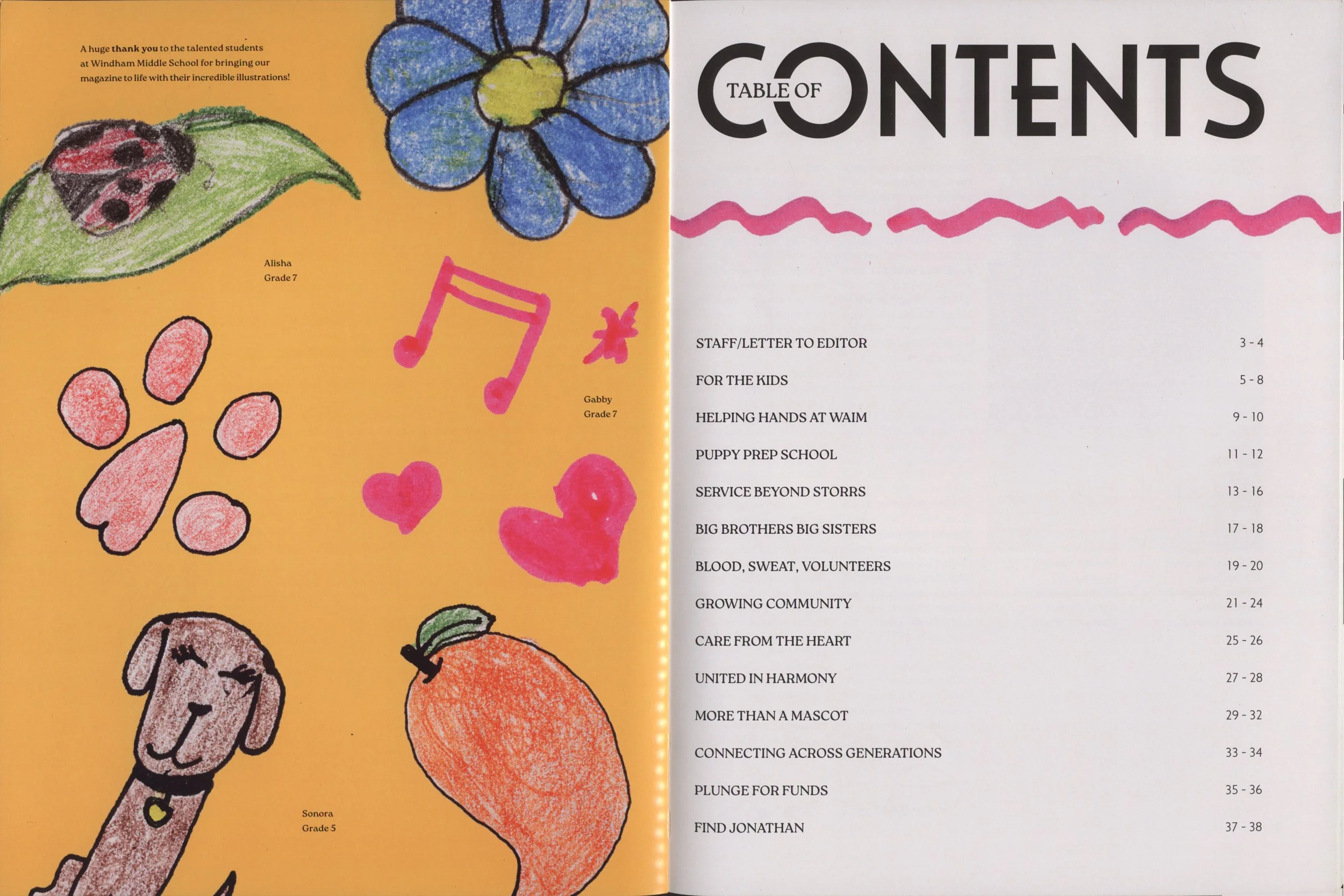 A two-page spread from a magazine or yearbook. The left page features colorful, crayon-drawn illustrations of a ladybug, paw prints, a musical note, a heart, a bunny, and a carrot. The right page displays a table of contents with black text on a white background, listing various sections and their page numbers.