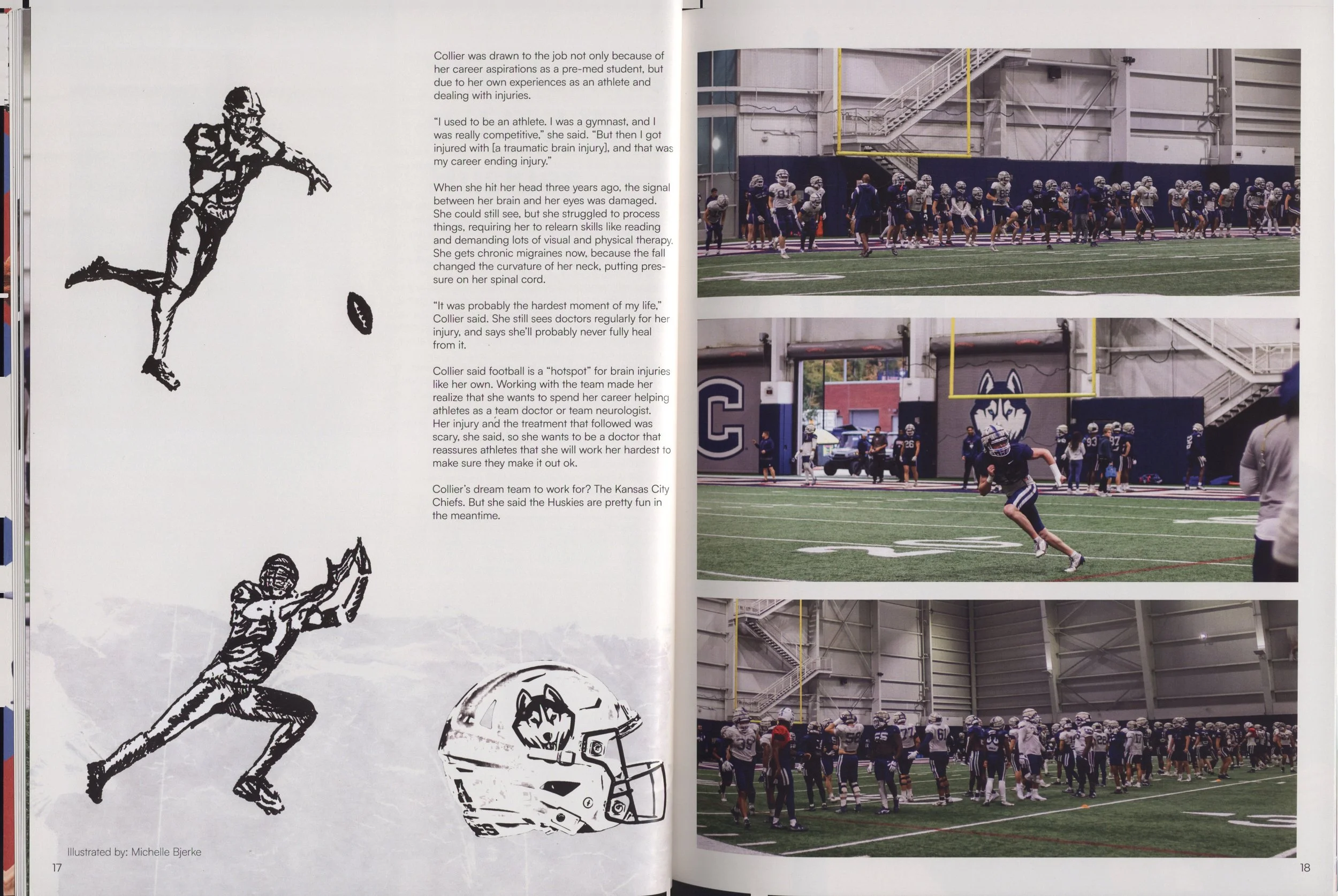 Spread of a magazine or book showing a black and white illustration of a football player running and catching a football, with additional illustrations of a football helmet and another player. The right page contains multiple color photographs of an indoor football training session, with players in uniform practicing on a football field.