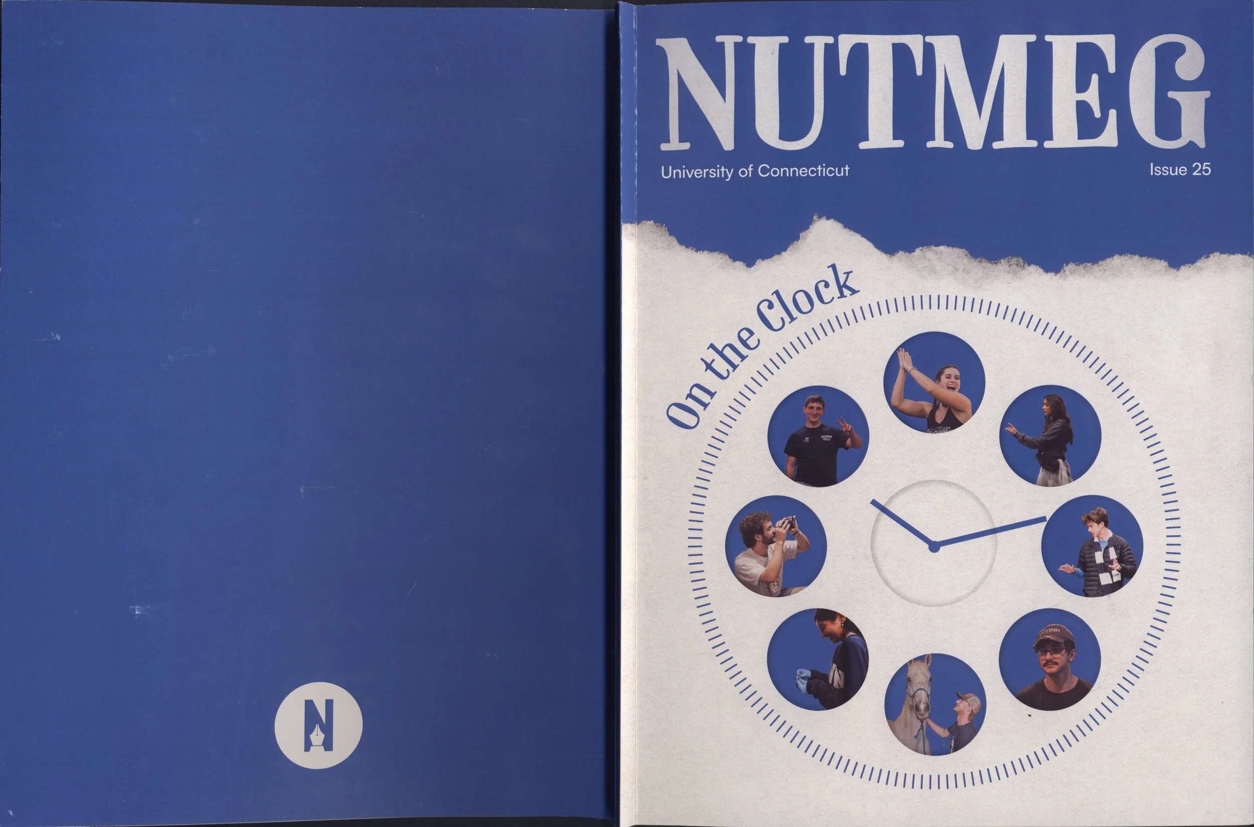 Close-up of a clock face with people inside the circular numbers, with the title 'On the clock' and the subtitle 'University of Connecticut' on the cover of a publication.