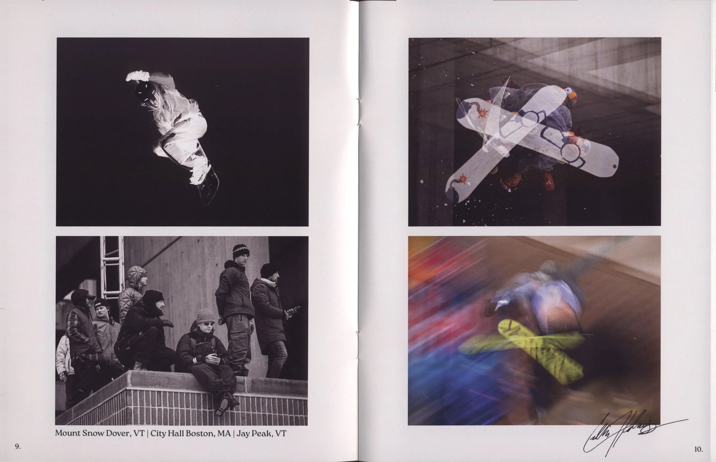Two pages from a photo book with images of winter sports. The left page shows a black and white photo of a person in snow gear jumping or falling in mid-air. The right page contains a color photo of a person riding a snow scooter decorated with colorful stickers, taken indoors with a wooden ceiling. The caption beneath the left image reads: 'Mount Snow Dover, VT | City Hall Boston, MA | Jay Peak, VT'.
