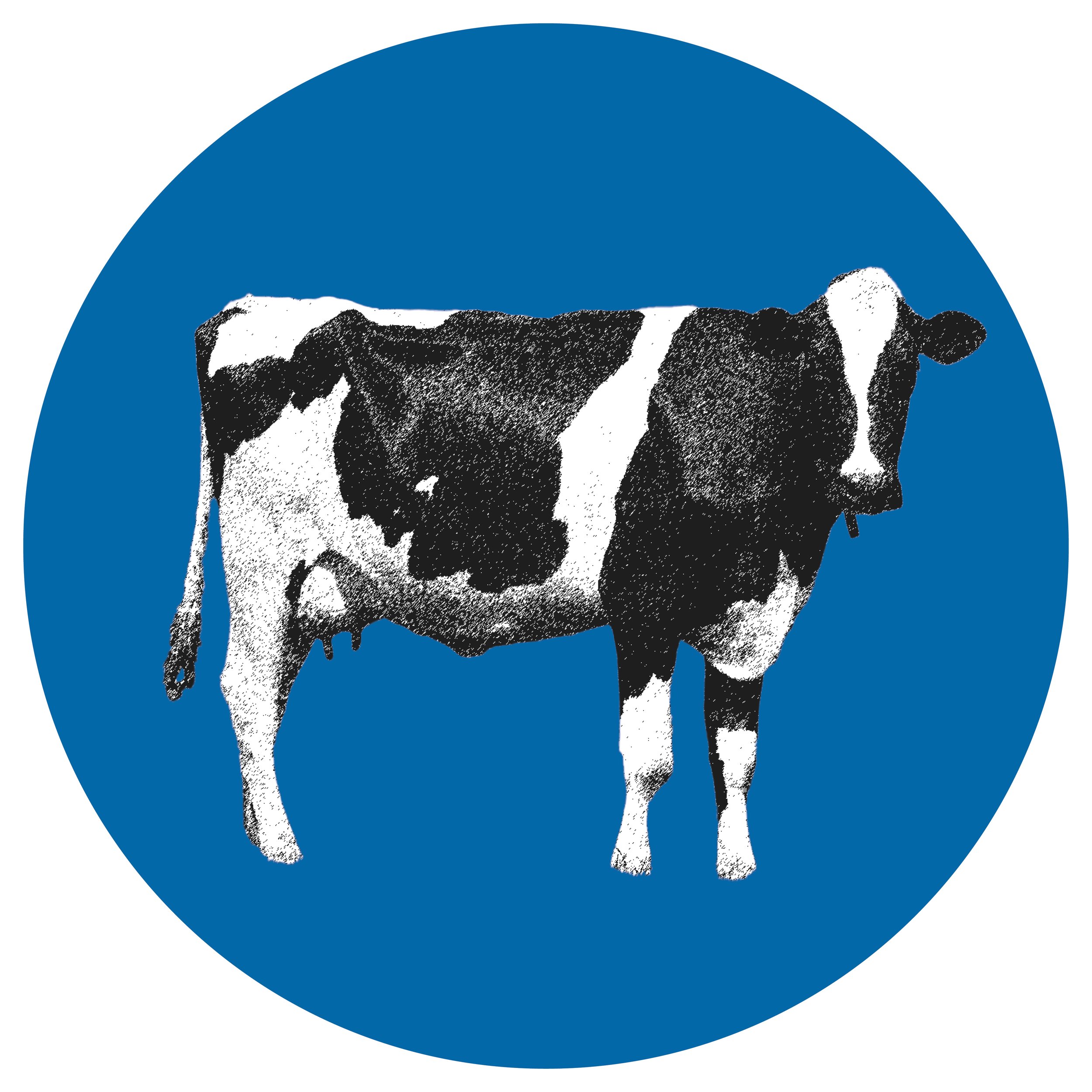 Black and white illustration of a cow on a blue circular background.