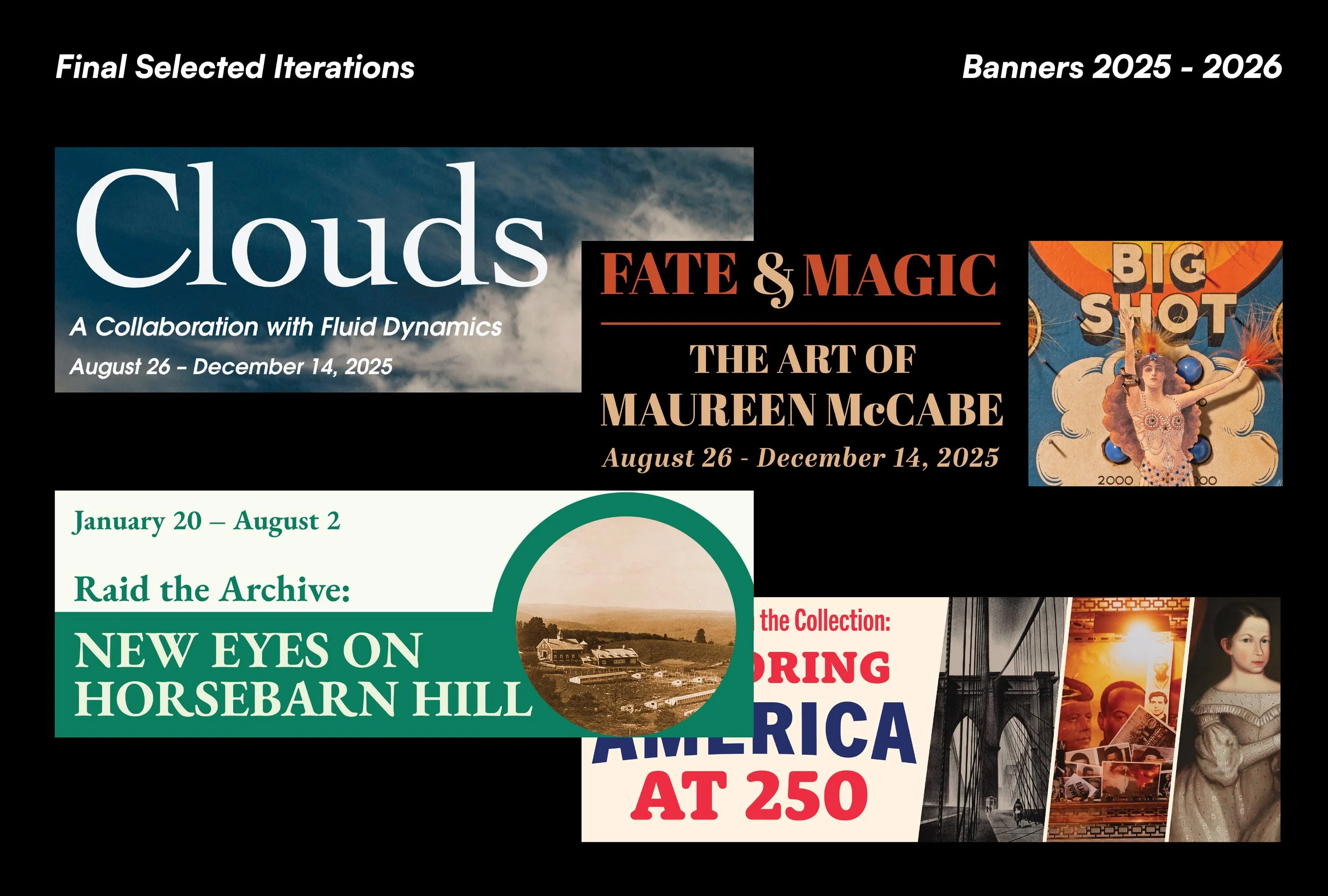 Promotional graphic for art exhibition titled 'Clouds: A Collaboration with Fluid Dynamics' with the subtitle 'Fate & Magic: The Art of Maureen McCabe,' indicating dates August 26 to December 14, 2025. The banner features various artistic images, including a surreal collage with a woman in vintage attire, cloud backgrounds, and other abstract artwork.