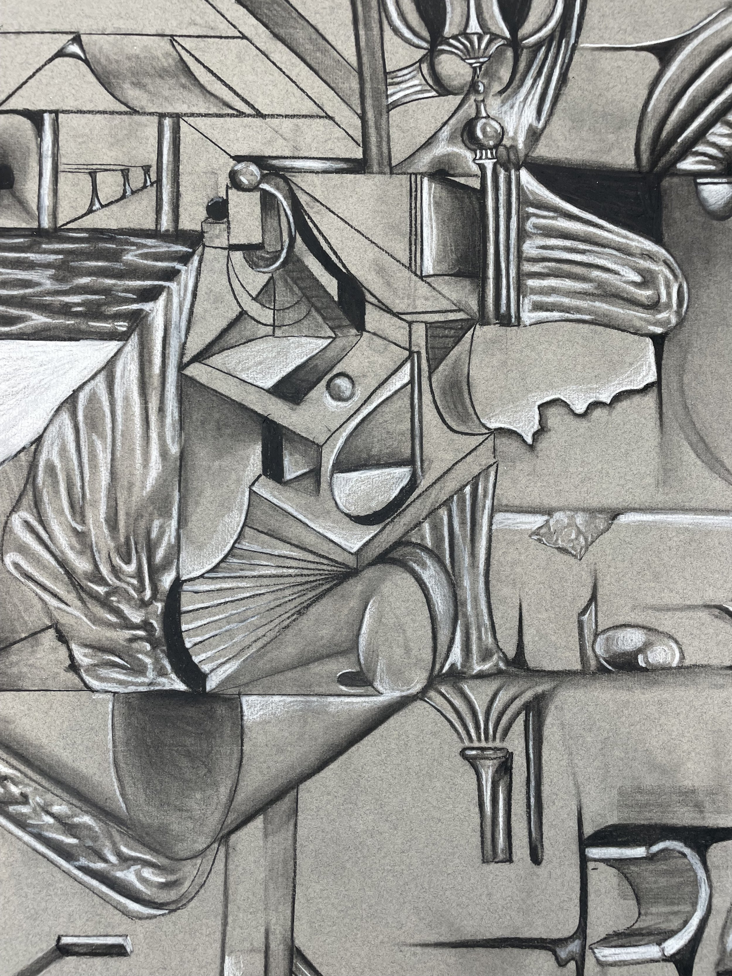 A detailed black and white drawing or sketch of various objects and shapes, including a large shell, a leaf, a candlestick, a table, and abstract geometric shapes.