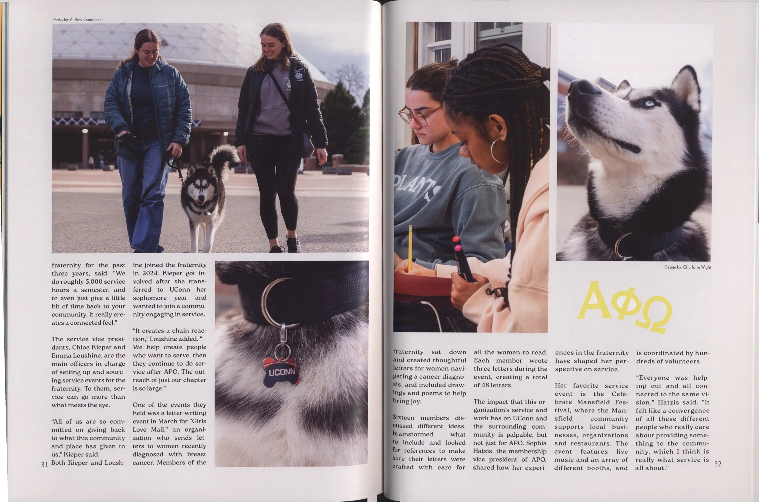 Two young women walking a Siberian Husky on a leash outside near a building, and two young women sitting and reading inside, with a close-up of a Siberian Husky's face.