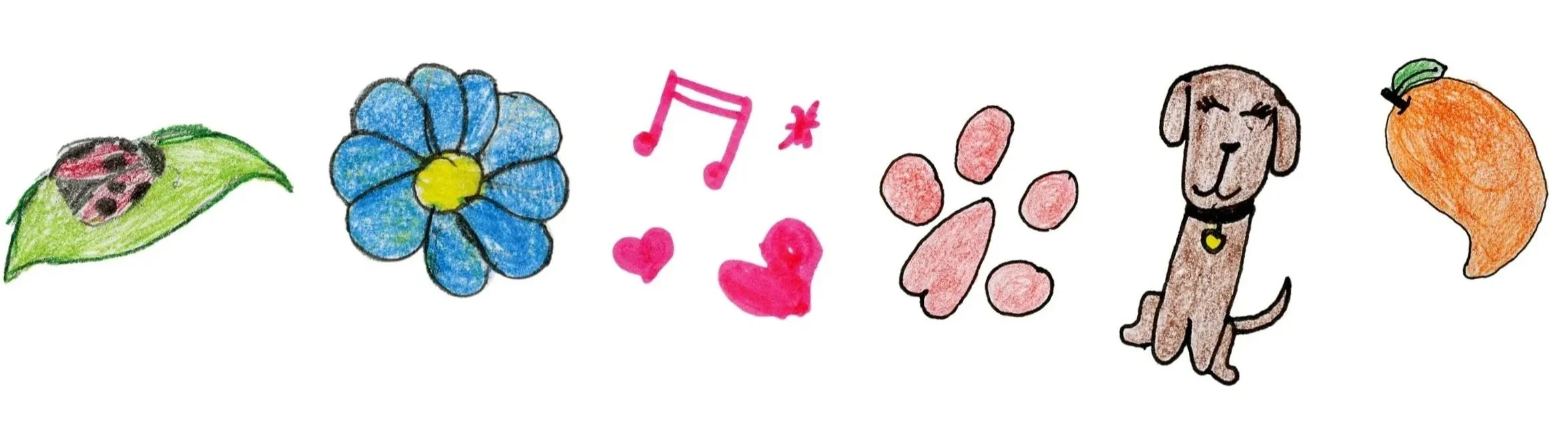 Colorful drawing of a ladybug on a leaf, a blue flower, musical notes, hearts, a dog, and an orange pepper.