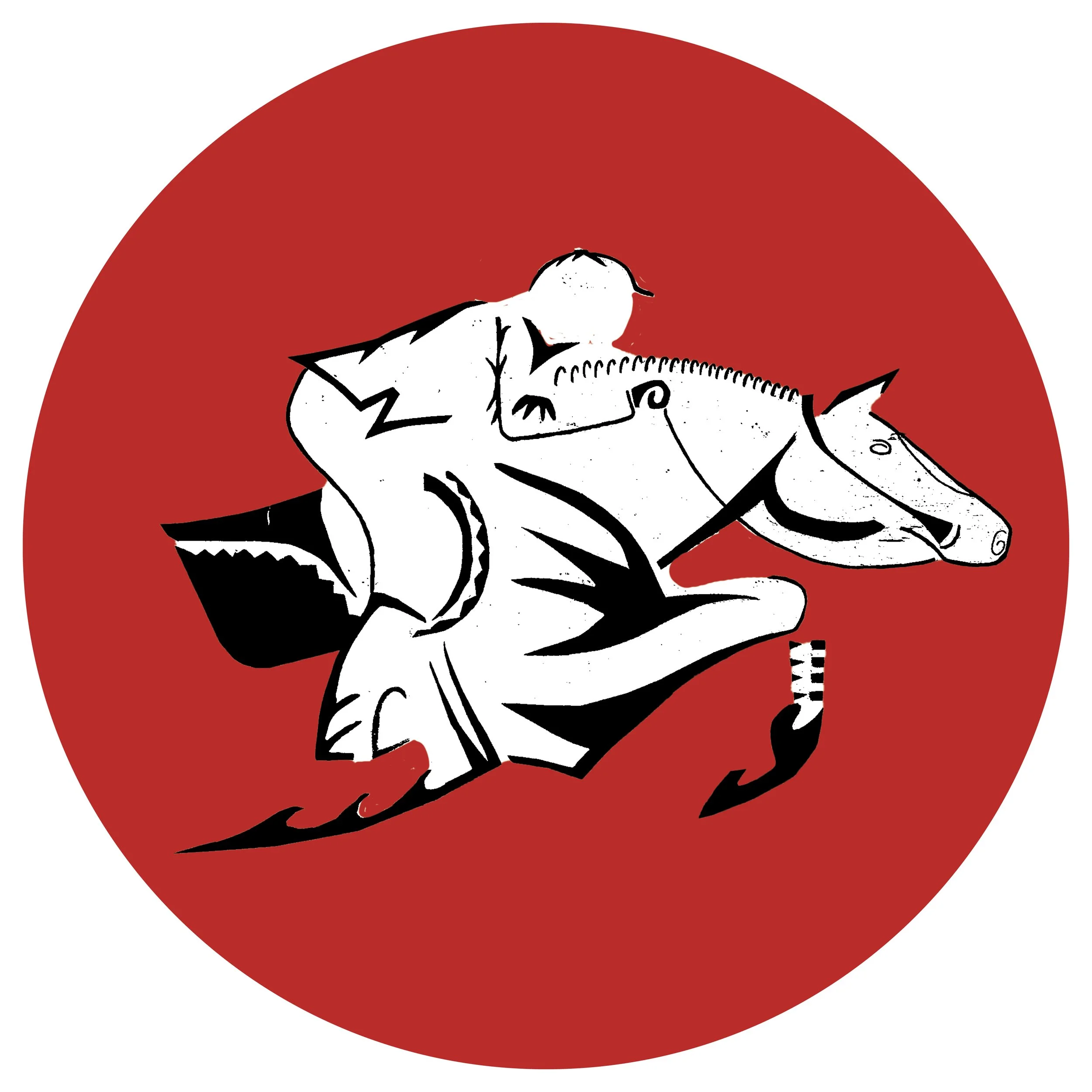 A black and white illustration of a dinosaur, likely a tyrannosaurus rex, with a large head and small arms, set against a red circular background.