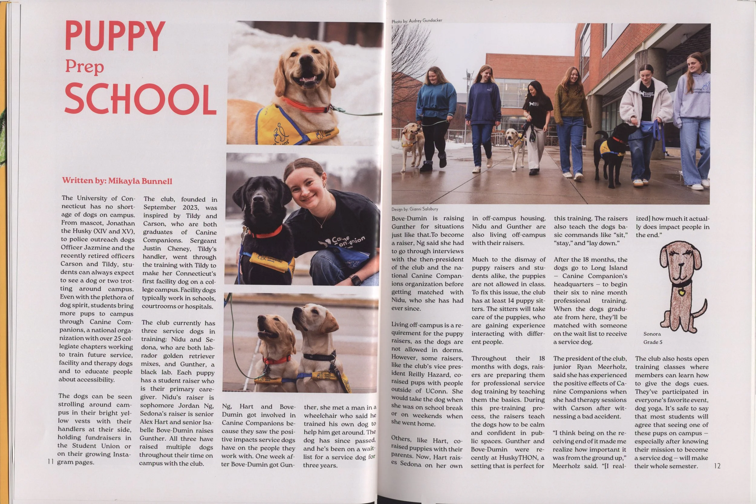 The image shows a magazine or booklet spread about a program called the 'Puppy Prep School.' The left page has large red text reading 'Puppy Prep School' and contains articles and images of puppies and people, including a smiling woman with a black Labrador puppy, and two puppies looking at each other. The right page features a photo of young women walking puppies on leashes outside a building, with several puppies and handlers visible, along with additional text discussing puppy training and the club.