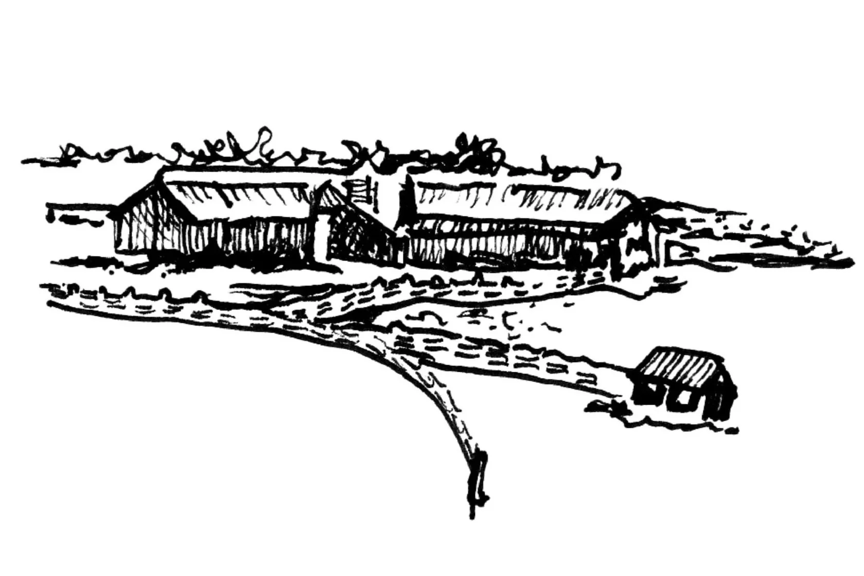 A black and white sketch of a farm with a large barn, a smaller house, and a winding driveway.
