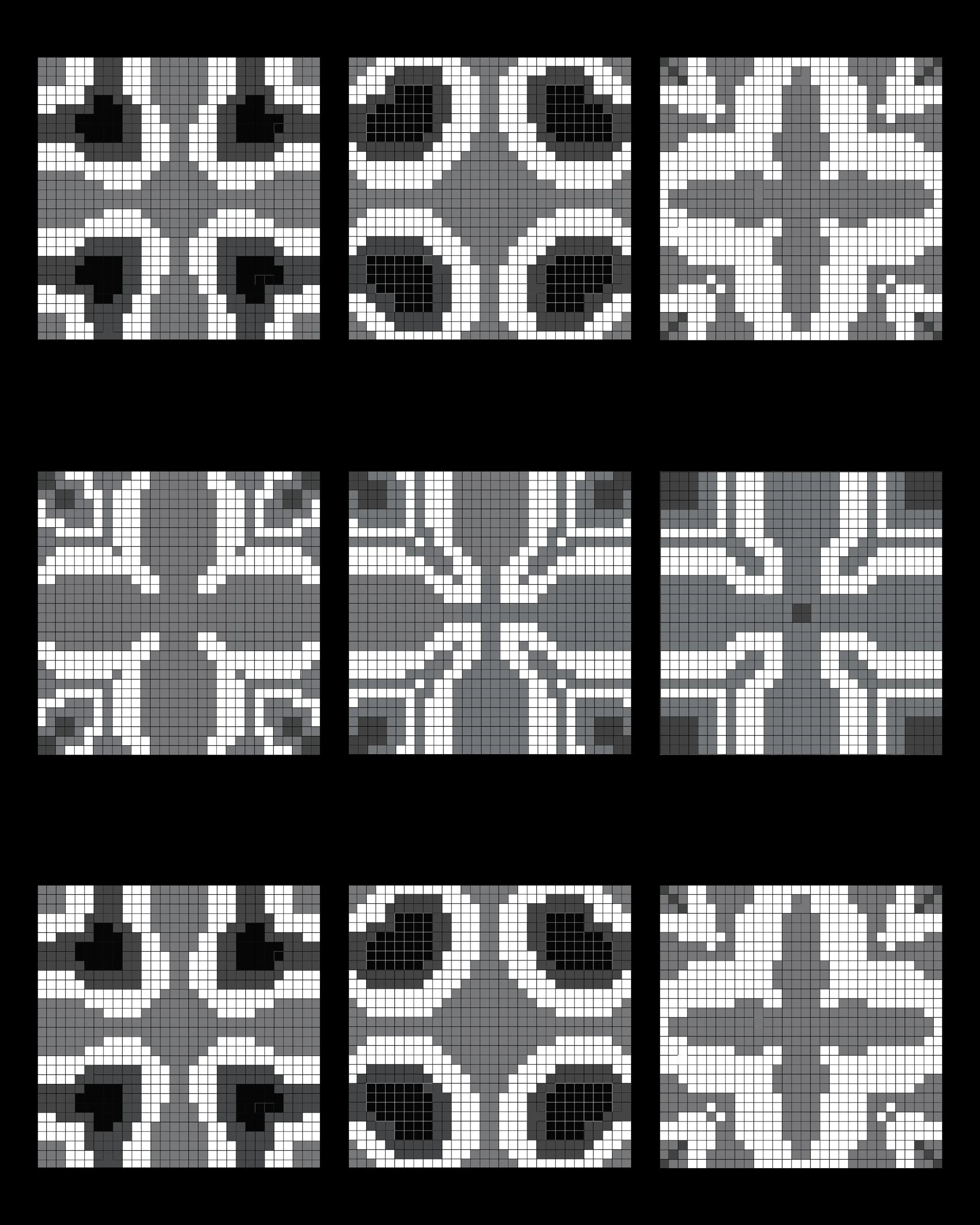 Black and white mosaic pattern with intricate geometric and floral designs arranged in a grid.