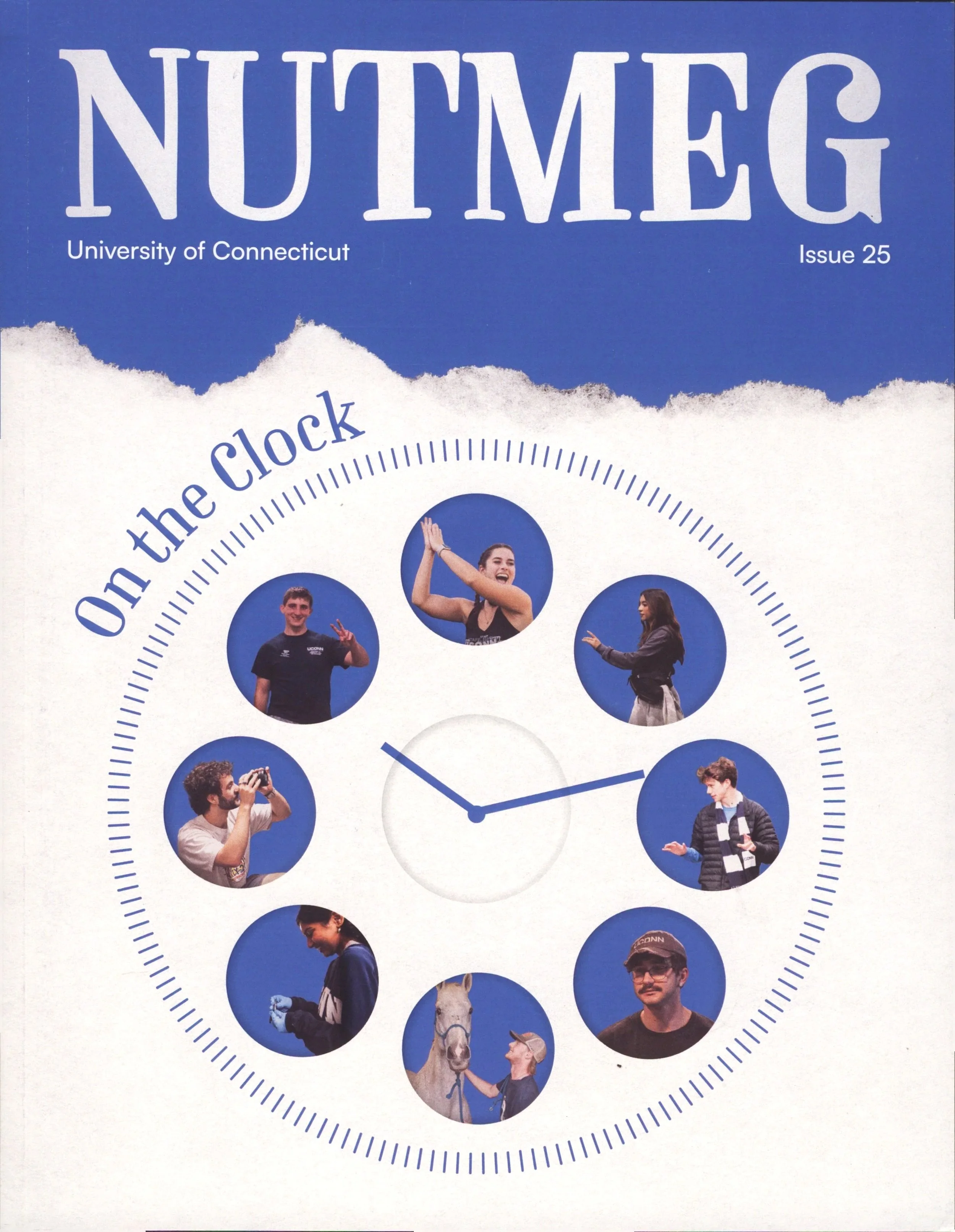 A university newsletter cover titled 'NUTMEG' from the University of Connecticut, Issue 25, featuring photos of students and animals in circular frames around a clock face.