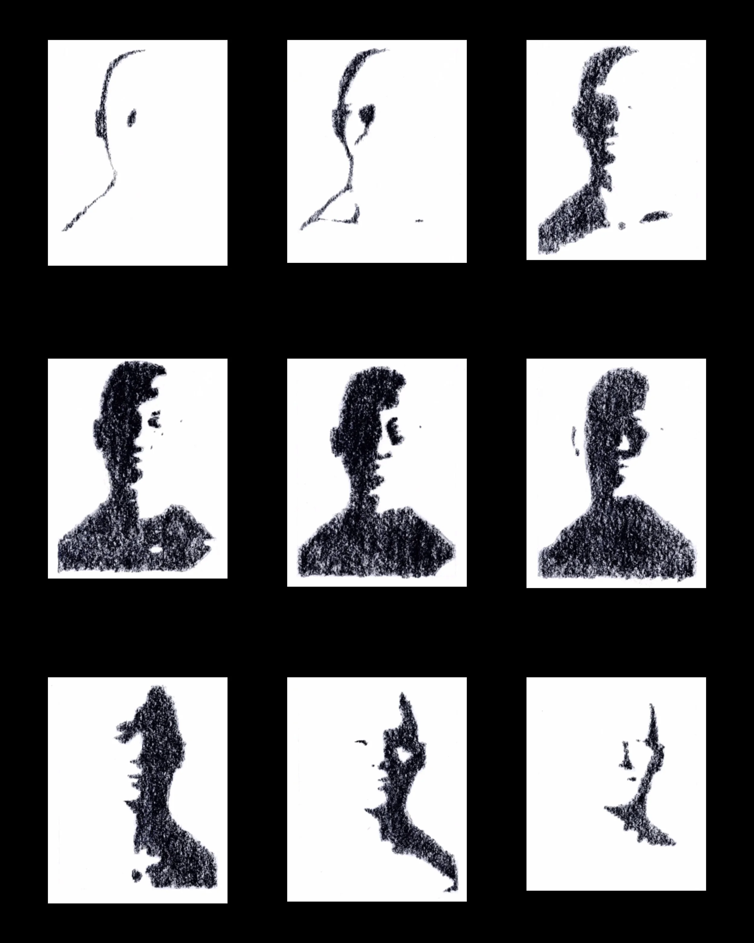 Series of black and white portraits showing profile views of a woman with curly hair, varying in detail and resolution.