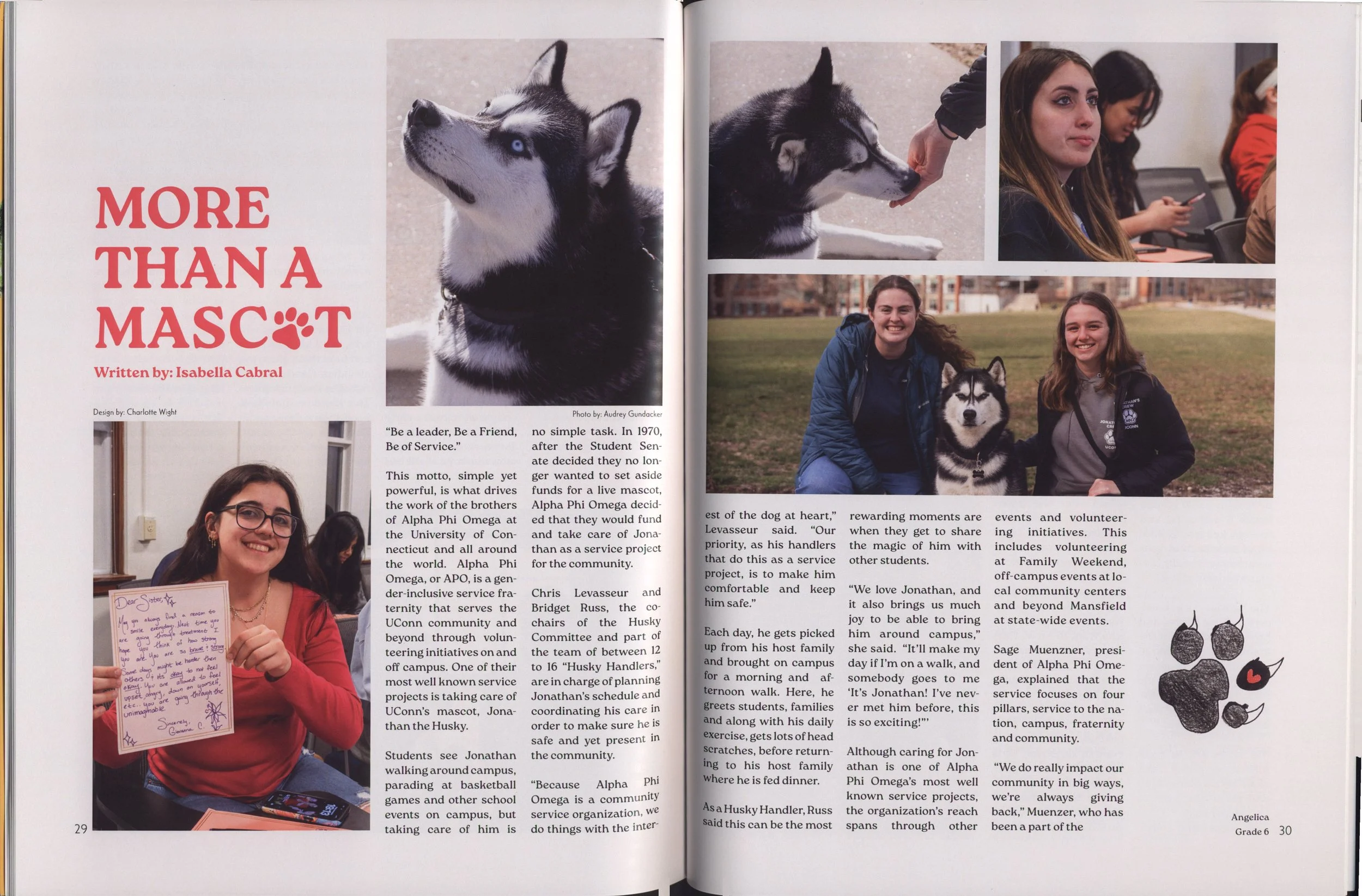 A magazine spread about dogs and service projects, featuring multiple photos of young women with Siberian Huskies, including one holding a handwritten note, and text discussing community service and service dogs.