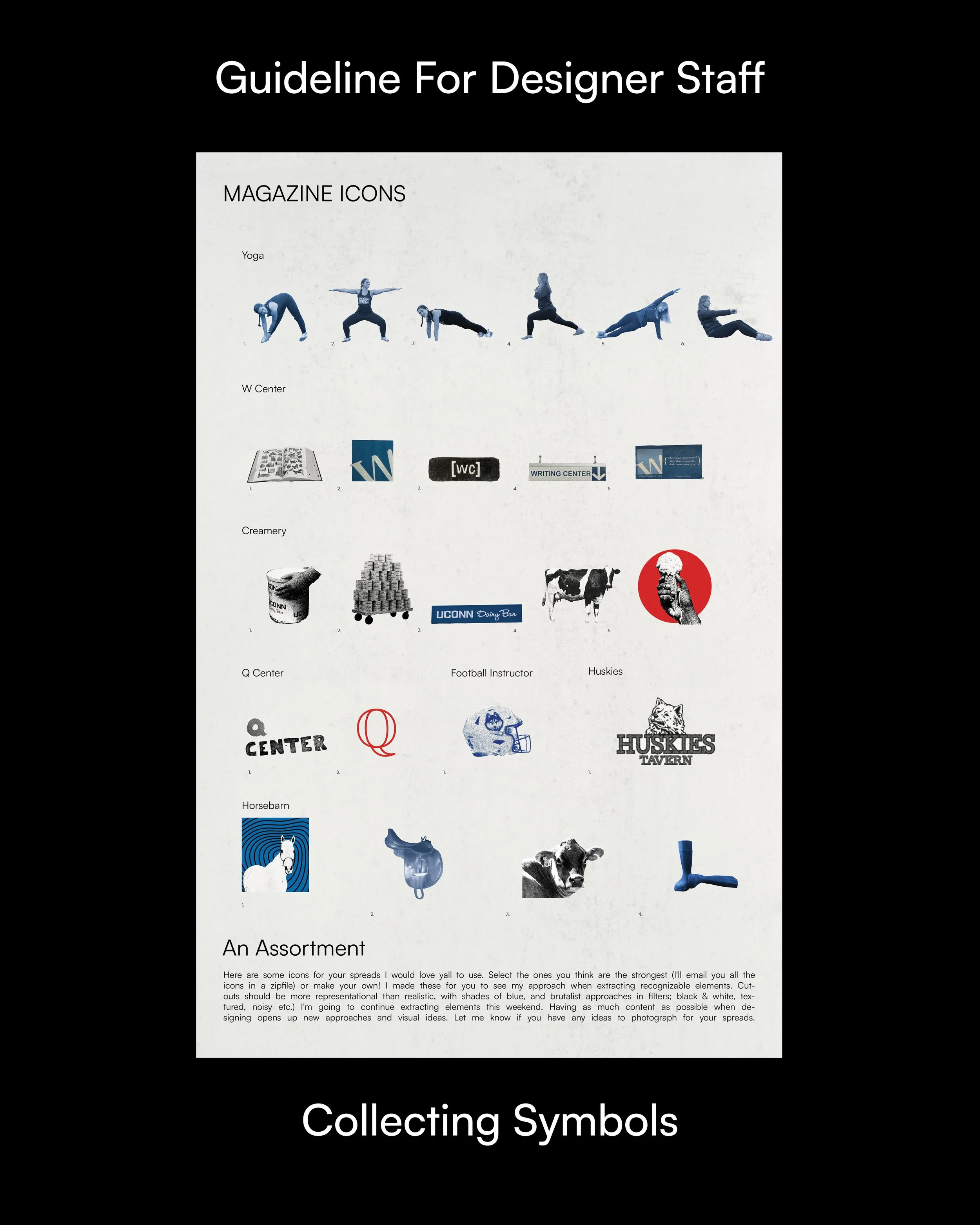 Guide for designer staff with sections on magazine icons, creamery, and collecting symbols, showing various icons and images related to these themes.