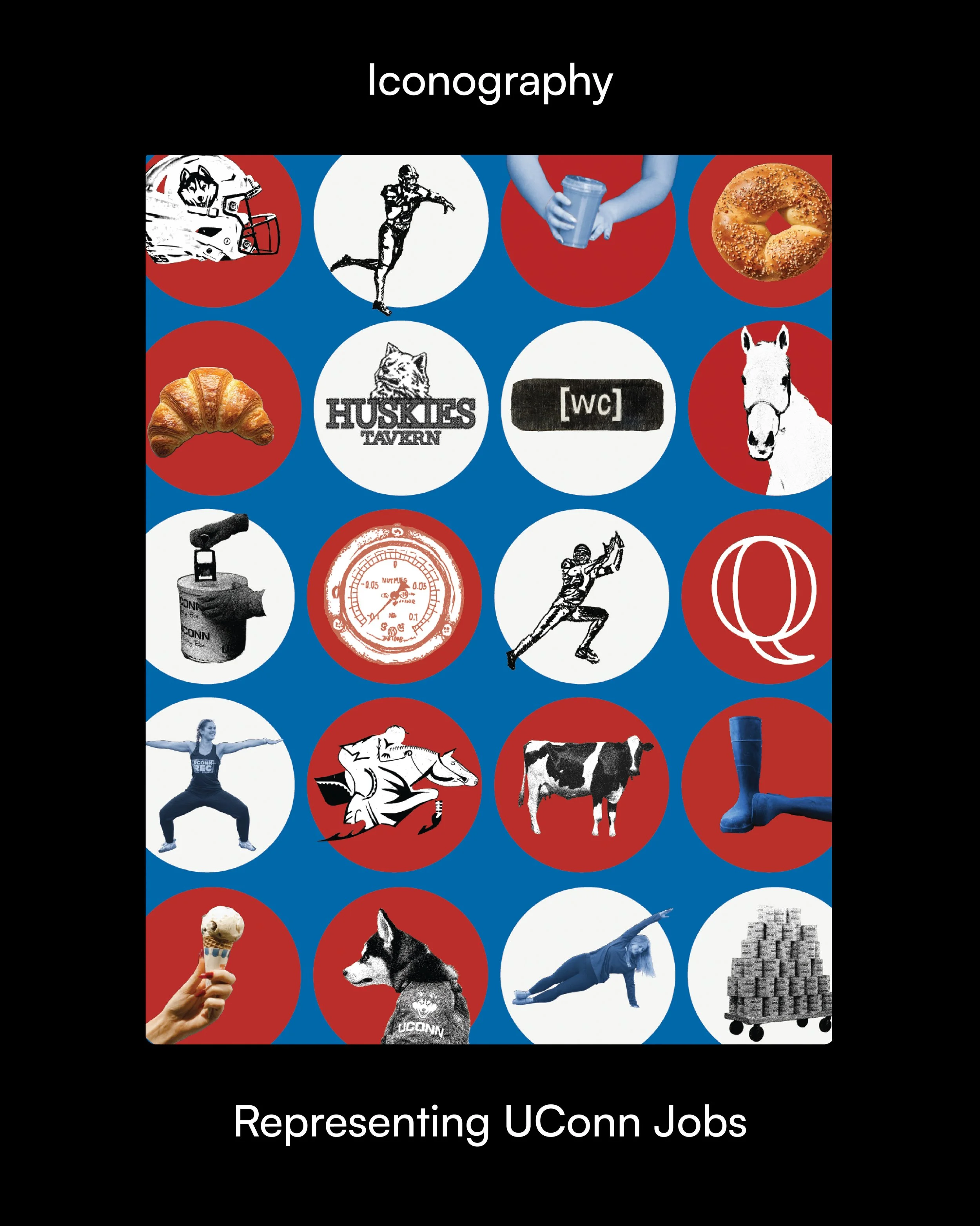 A collage of various icons and images representing different jobs at UConn, including sports, food, animals, science, and student activities, with the title "Iconography" at the top and "Representing UConn Jobs" at the bottom.