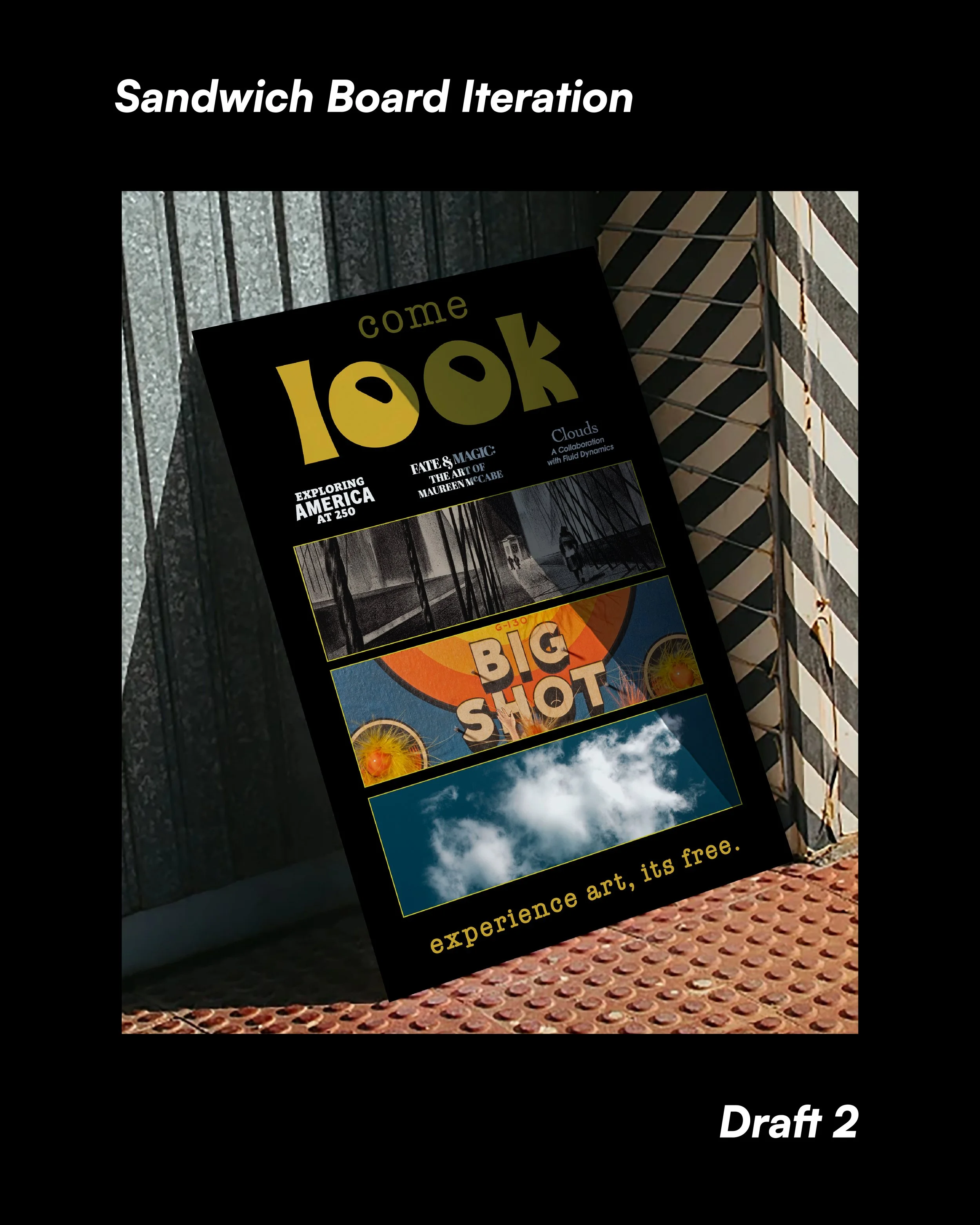 A digital image of magazine covers titled "Sandwich Board Iteration" with a black background. The covers feature various images and titles, including "Exploring America at 250," "Fate & Magic: The Art of Maureen McCabe," "Clouds," "Big Shot," and a blue sky with scattered clouds. The image is tilted and displayed on a textured, rust-colored surface.