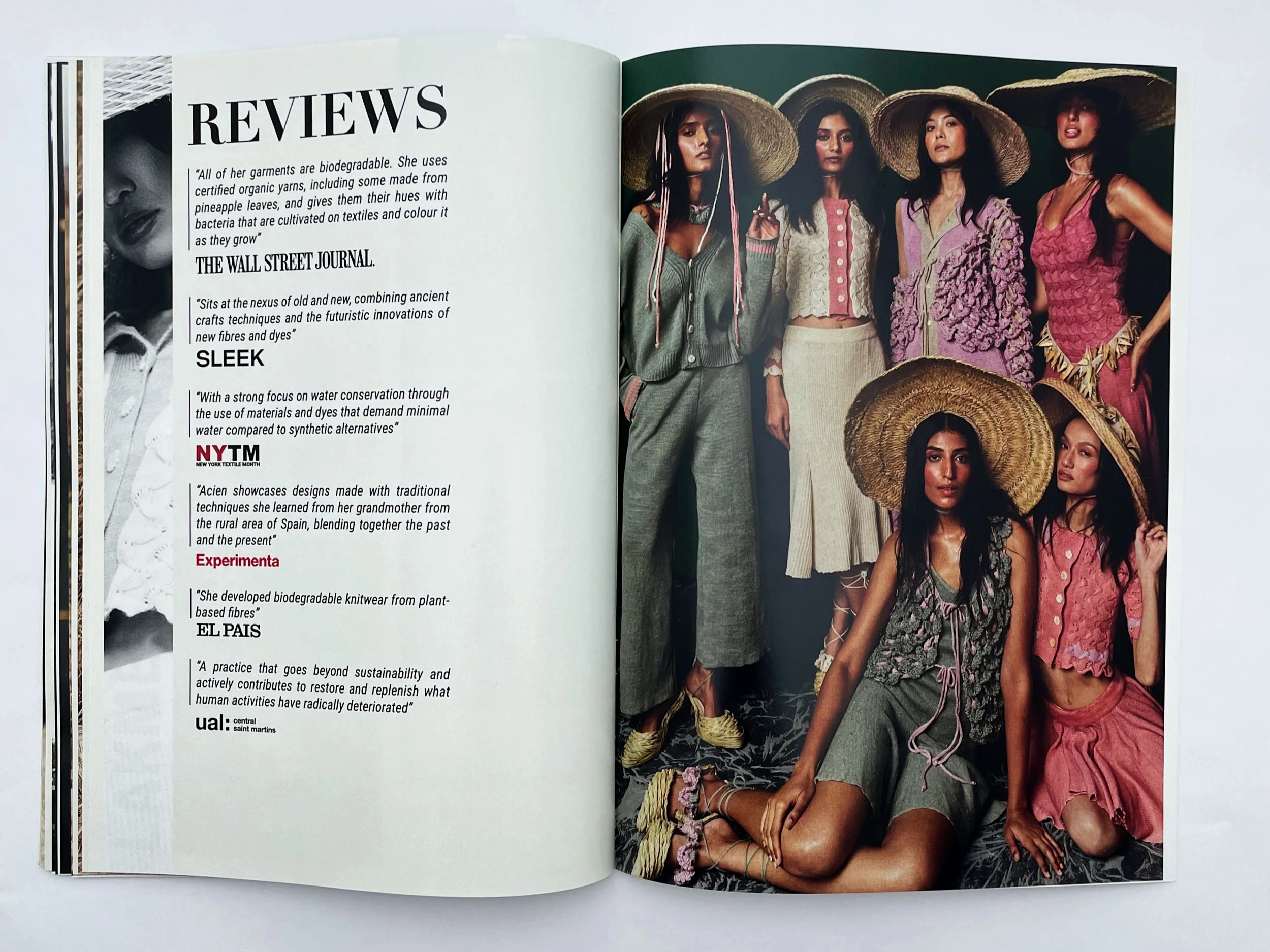 Magazine spread featuring a large group of women dressed in colorful, textured clothing and wearing wide-brimmed straw hats. Page on the left includes reviews and quotes about sustainable textiles and design, with a black-and-white photo of a woman’s face at the top.