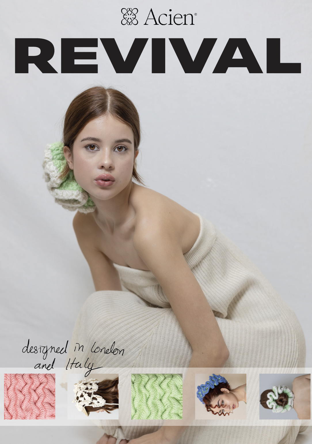 Fashion advertisement for Acien Revival featuring a young woman with short brown hair, sitting in a beige knit outfit with a knitted accessory on her head, against a light background, with fabric swatches and handwritten style text.