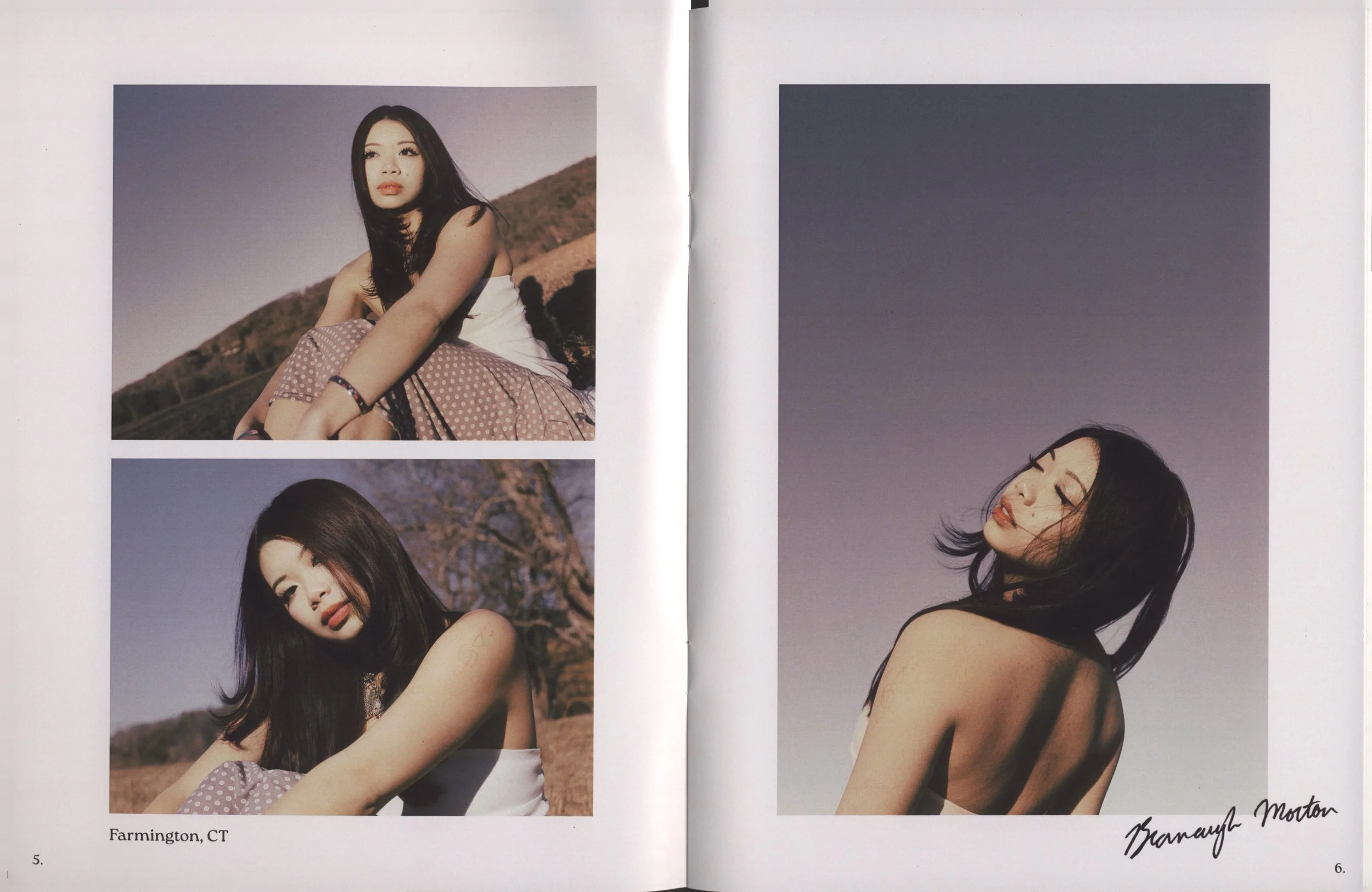 Two pages of a magazine spread featuring portrait photographs of a young woman with long black hair, outdoors in natural settings, with signatures at the bottom of each page.