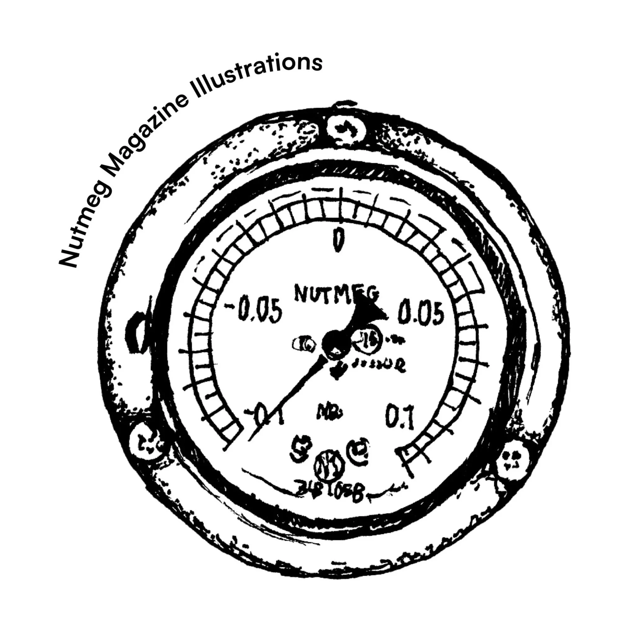 Black and white sketch of a mechanical dial, labeled with numbers and symbols, featuring a central arrow or pointer.