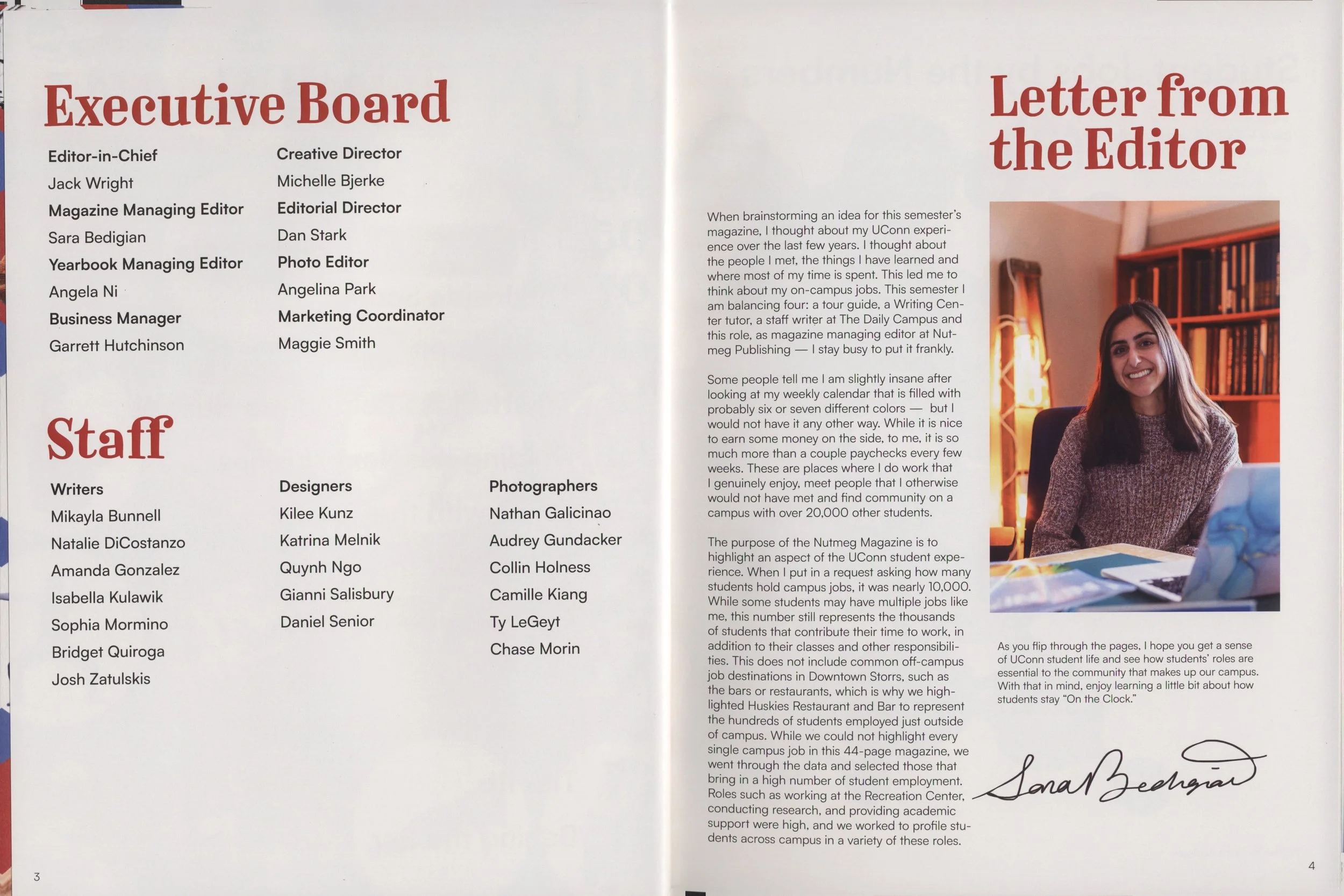 Open magazine spread featuring a list of the magazine's staff members and an article with a photo of a smiling woman sitting at a table surrounded by bookshelves, with part of her face and upper body visible.