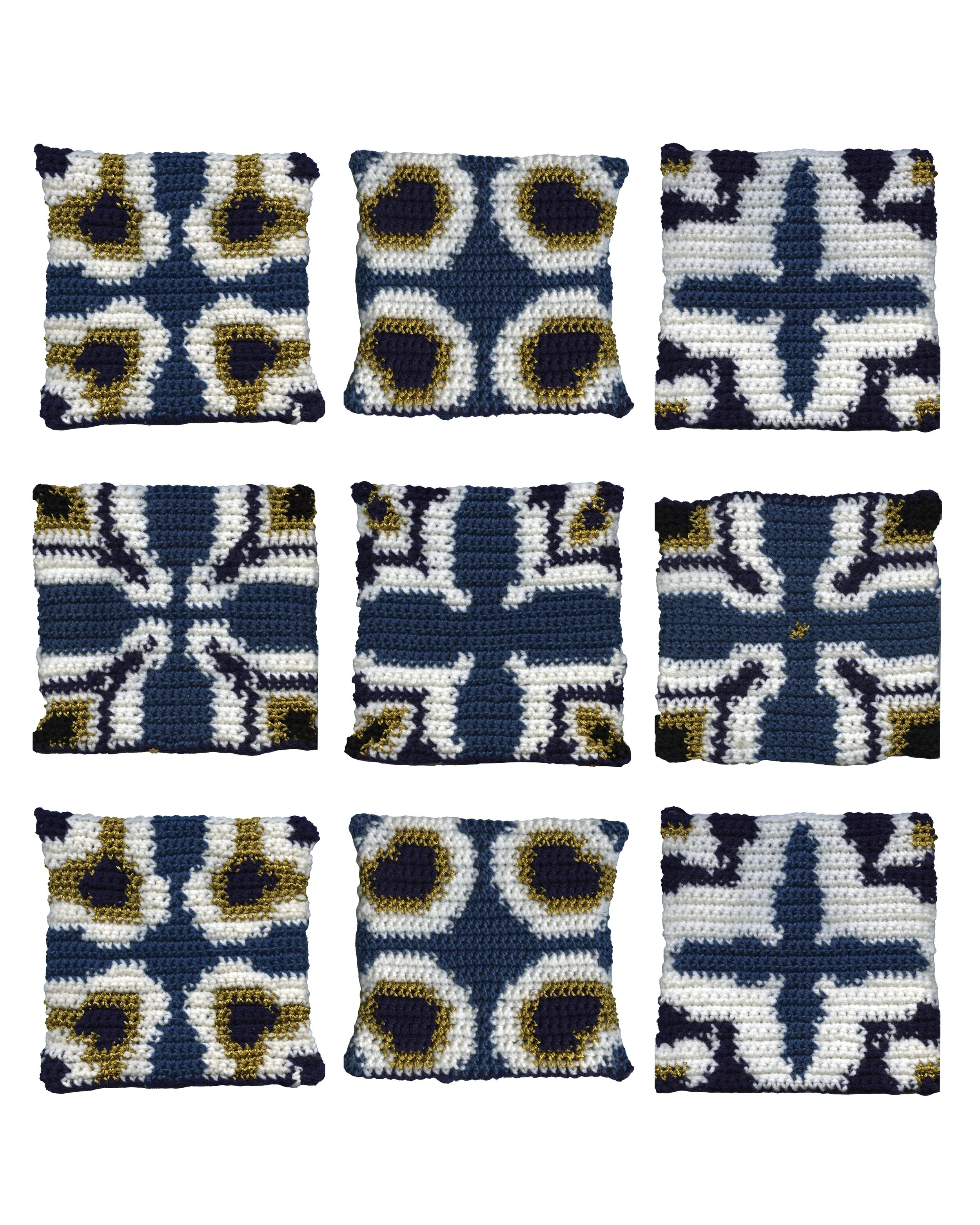 Six decorative crocheted pillows with intricate geometric patterns in navy blue, white, and gold, arranged in a grid pattern.