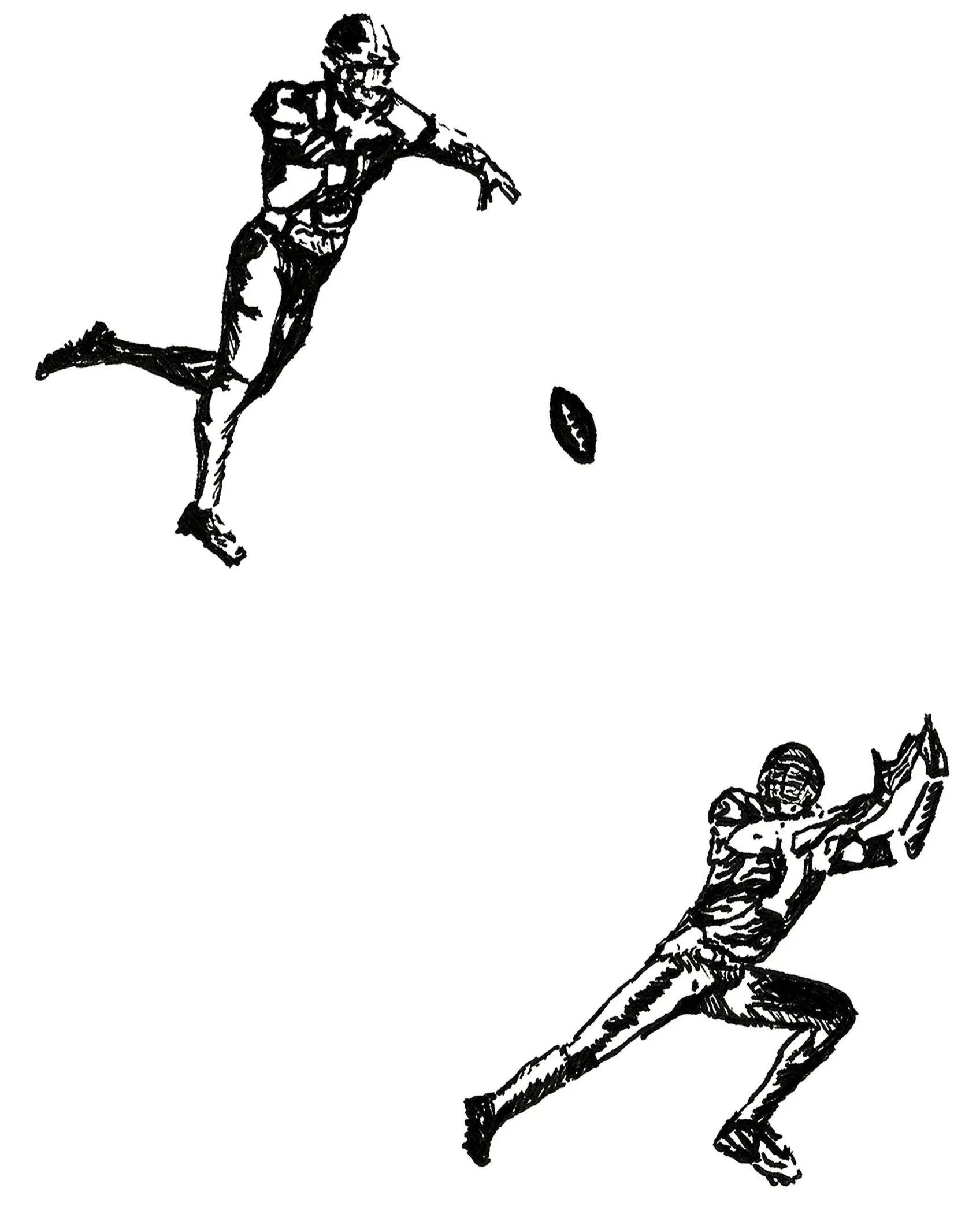 Black and white illustration of a person falling through the air with arms outstretched and face smiling, surrounded by stars and a skeleton figure lying on the ground.