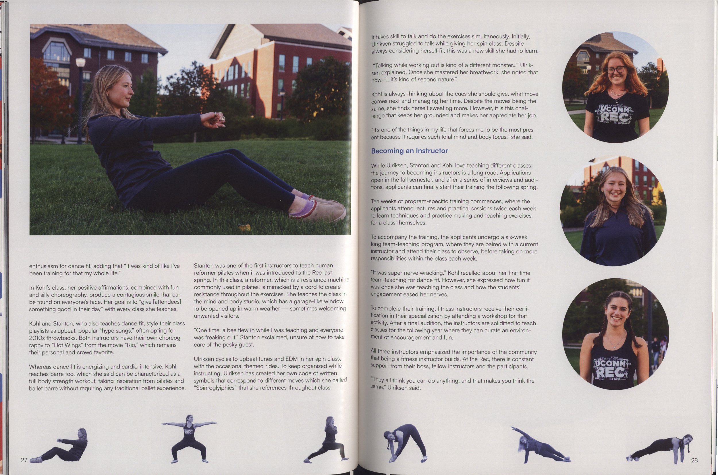 Two women are practicing yoga outdoors on a grassy area in front of brick buildings. The woman on the left is sitting on the grass, extending her arms forward, smiling. The other women, visible in the smaller pictures on the right page, are doing yoga poses, smiling, and wearing casual athletic clothing.