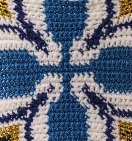 Close-up of a cross-stitched or embroidered fabric with a symmetrical blue, white, and gold pattern.