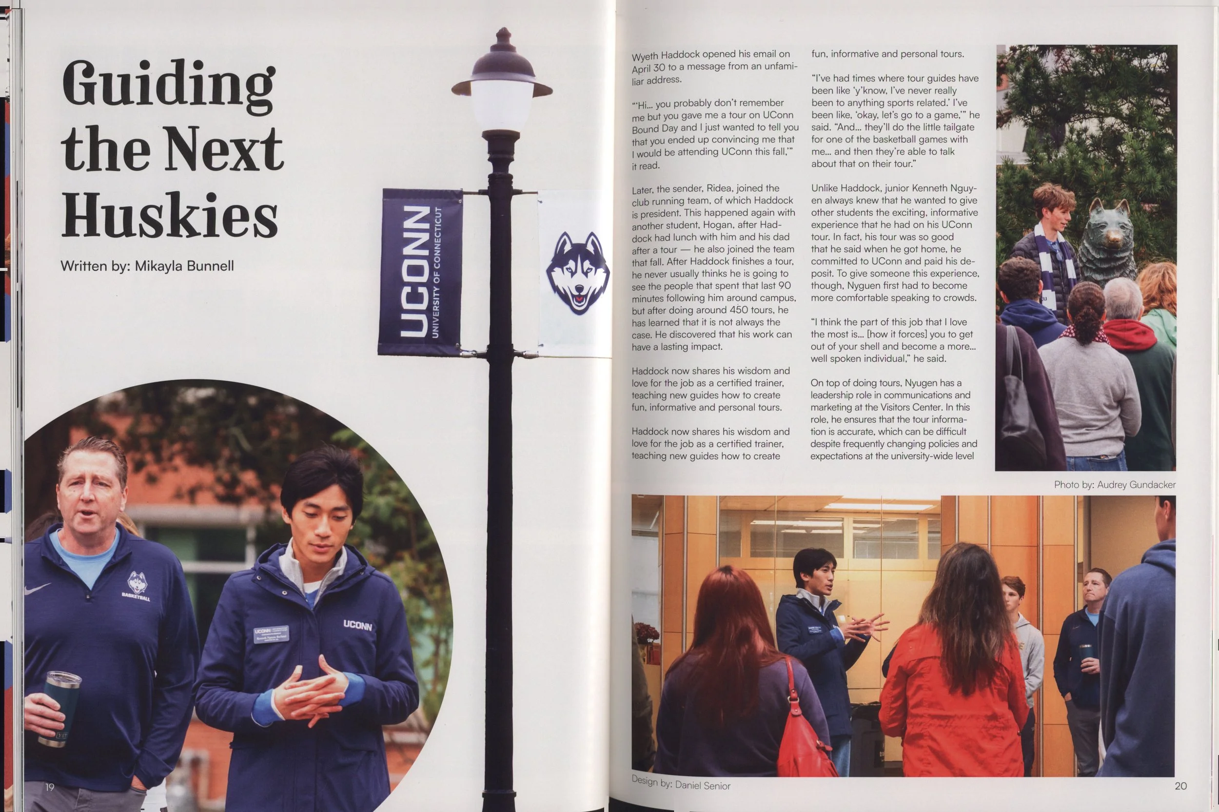 Photo of a magazine spread about guiding programs at the University of Connecticut, featuring a lamp post with a UConn banner, and a group of people in UConn jackets engaged in discussion.