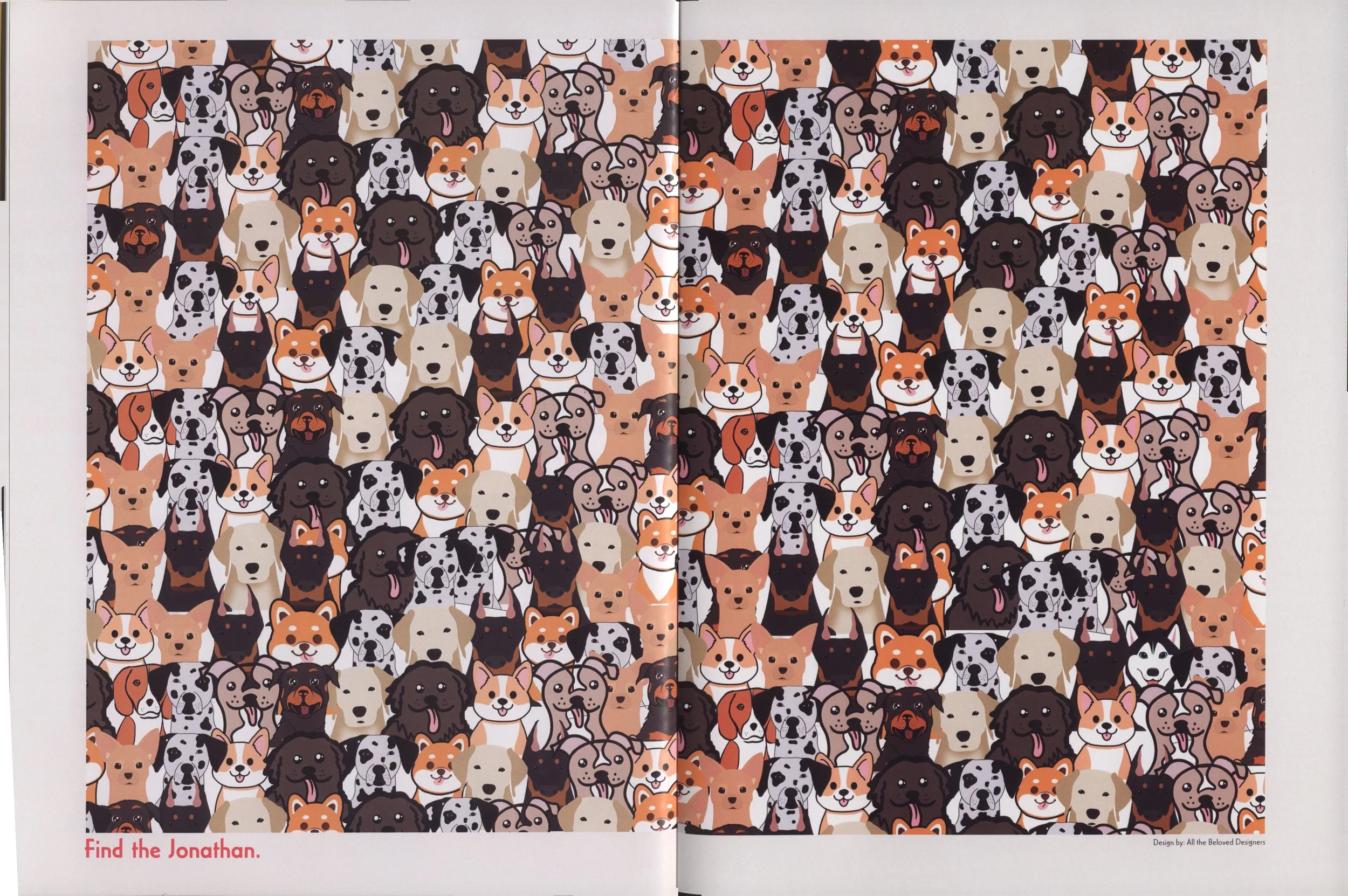 A vibrant illustration of numerous cartoon-style dog faces, including breeds like Labrador, Dalmatian, Rottweiler, Corgi, and Pug, arranged in a dense pattern and divided into two sections. The bottom left corner contains red text that says 'Find the Jonathan.'