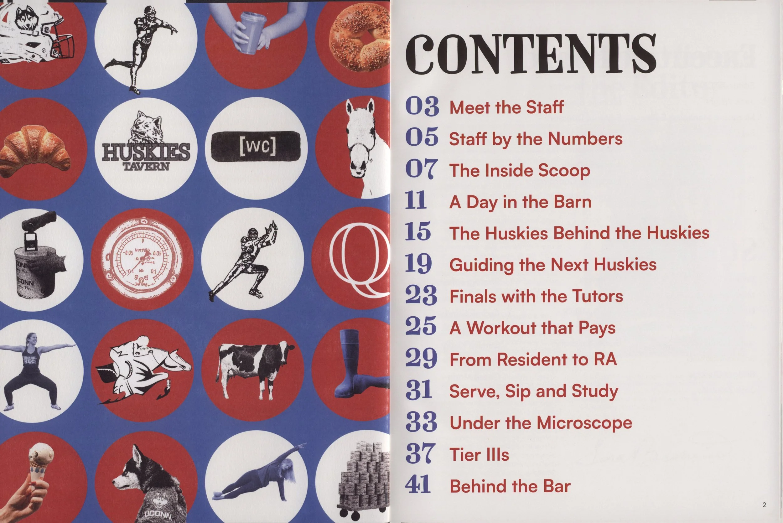 Table of contents page with sports, food, animals, and sports-related images on the left, and a list of topics with page numbers on the right, including 'Meet the Staff', 'Staff by the Numbers', 'The Inside Scoop', and more.