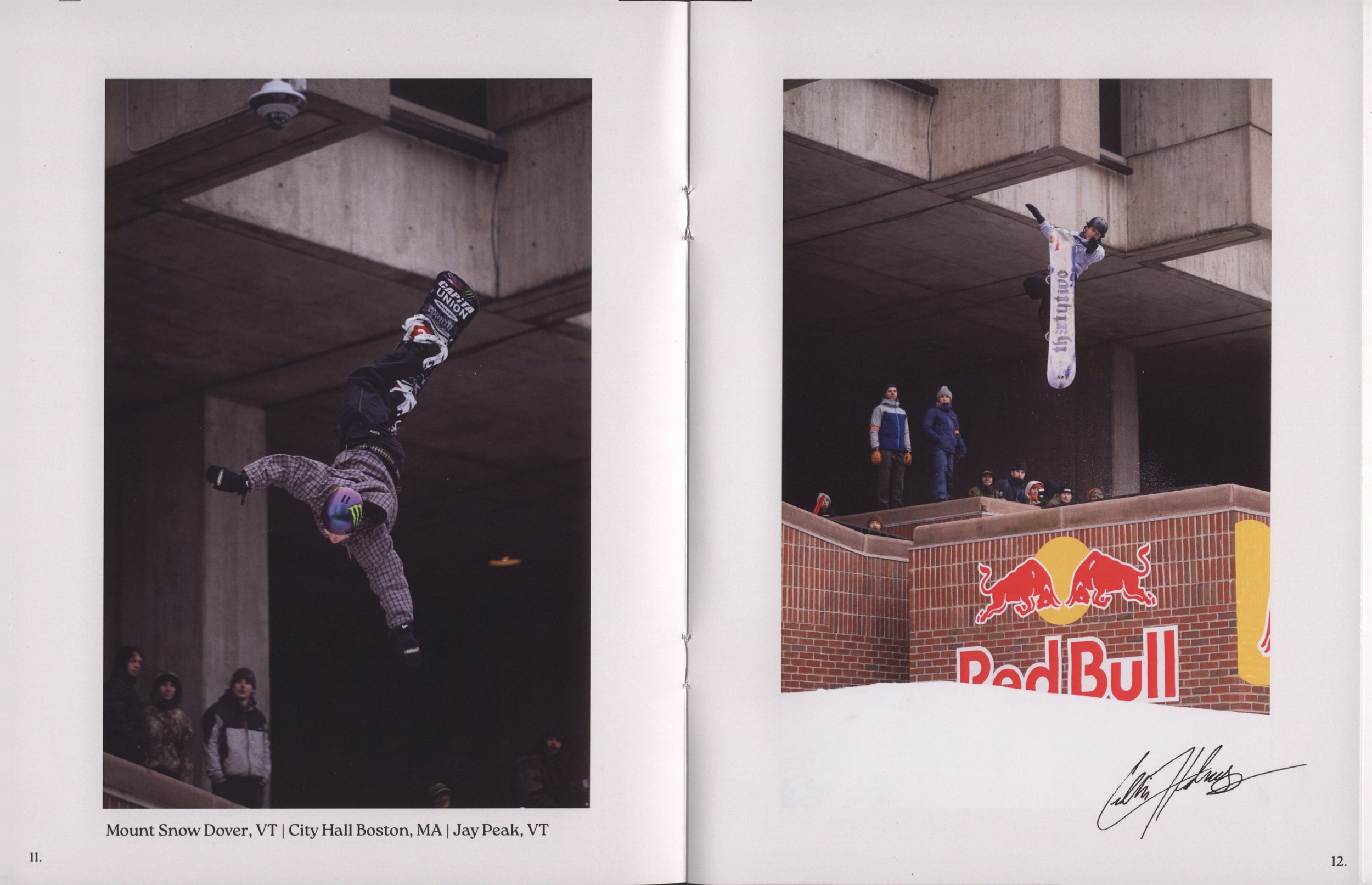 Two photographs of a snowboarder performing tricks. The left shows a snowboarder doing a handstand on a ledge under a concrete bridge with an audience watching. The right shows a snowboarder in mid-air performing a trick near a Red Bull branding structure, with onlookers below. The captions mention Mount Snow in Vermont, City Hall in Boston, Massachusetts, and Jay Peak in Vermont.