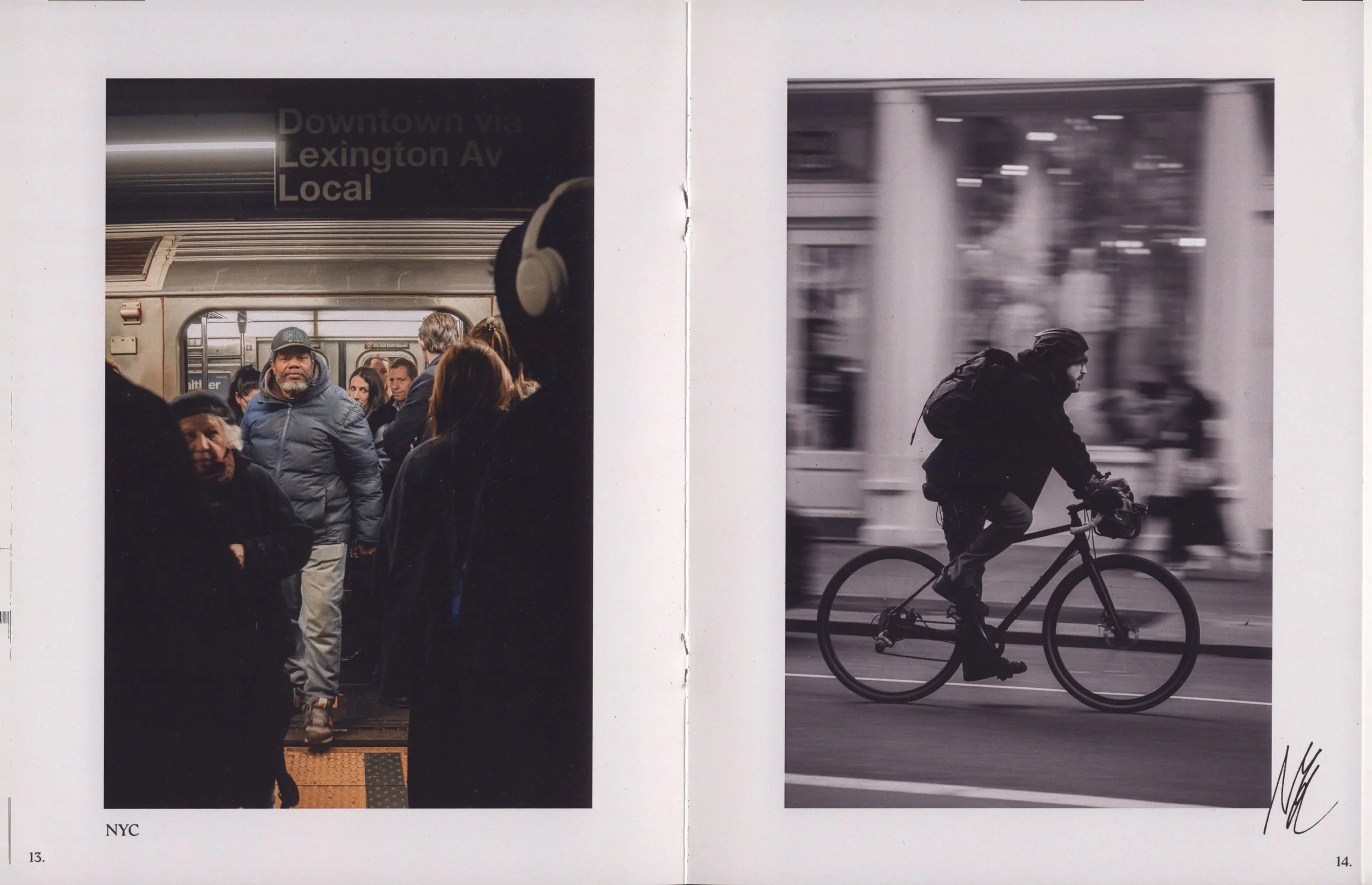 Two photographs side by side. The left photo shows a crowded subway station with people waiting, including a man in a blue jacket and cap, and an older woman with glasses. There is a sign indicating directions to downtown via Lexington Avenue and local trains. The right photo shows a man riding a bicycle in motion through an urban setting, with blurred background lights and architecture, and he is wearing a helmet, glasses, and a backpack.