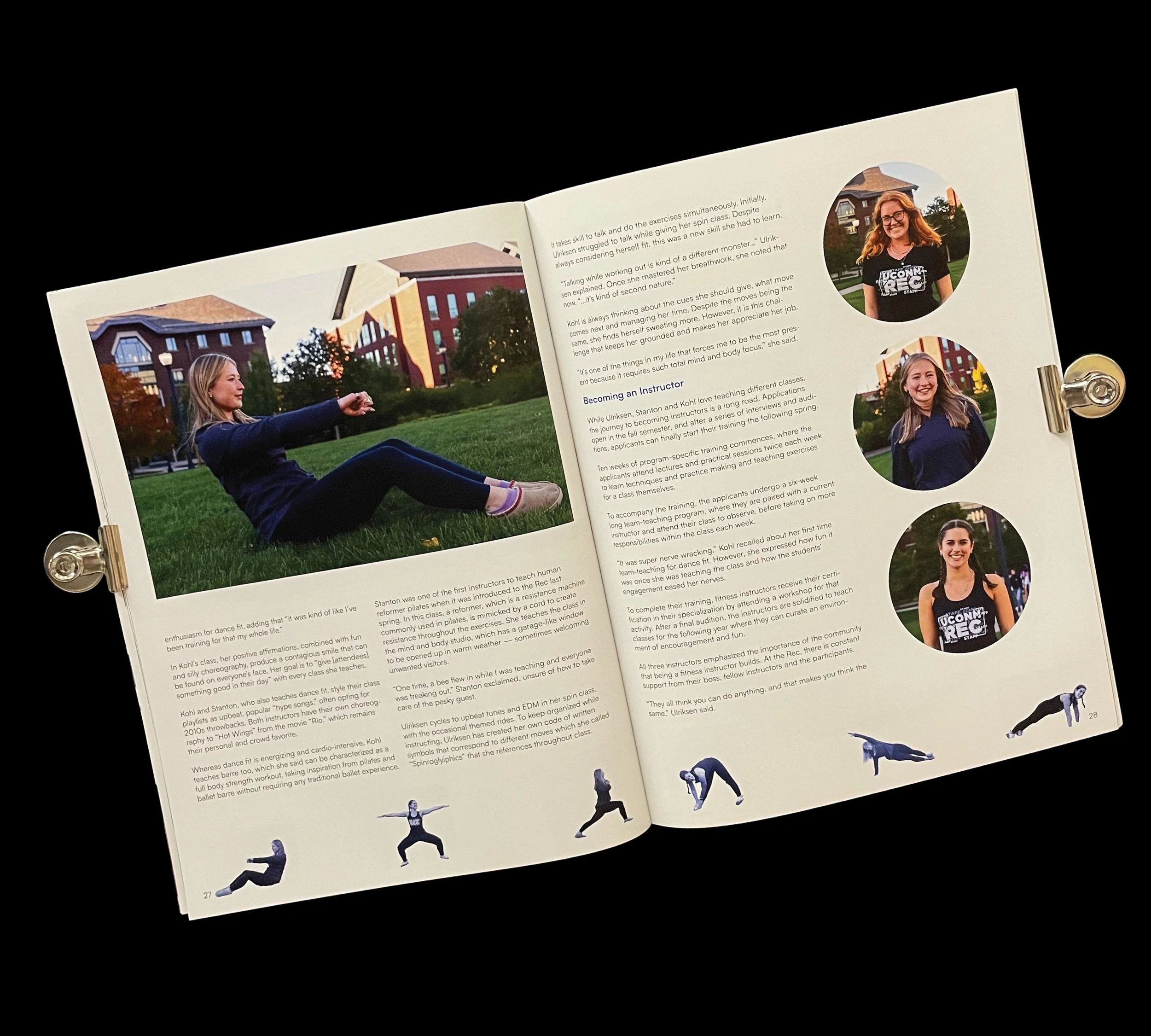 Open booklet showing text and images of women performing ballet poses, with some scattered dancer images at the bottom of the pages.