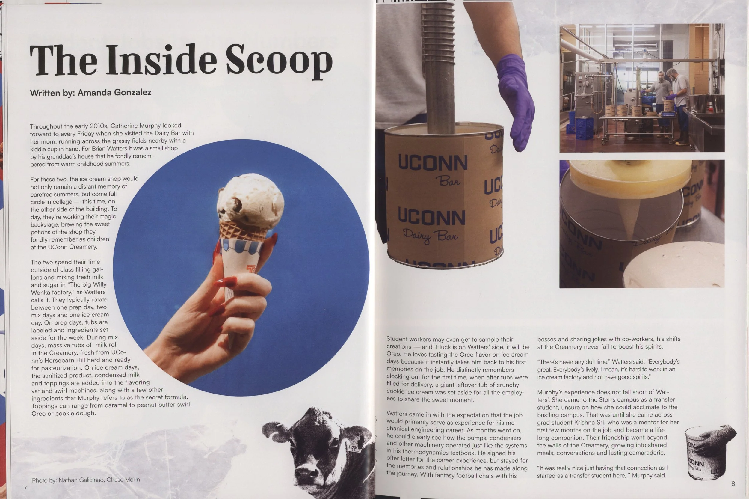Two images on the right side of the spread show ice cream production. The top image shows two workers in a factory setting wearing masks and purple gloves, working at a production table with blue crates. The bottom image shows a close-up of a vanilla ice cream container with a scoop of ice cream inside. The text on the left discusses ice cream flavors and the process of making ice cream at a university creamery.