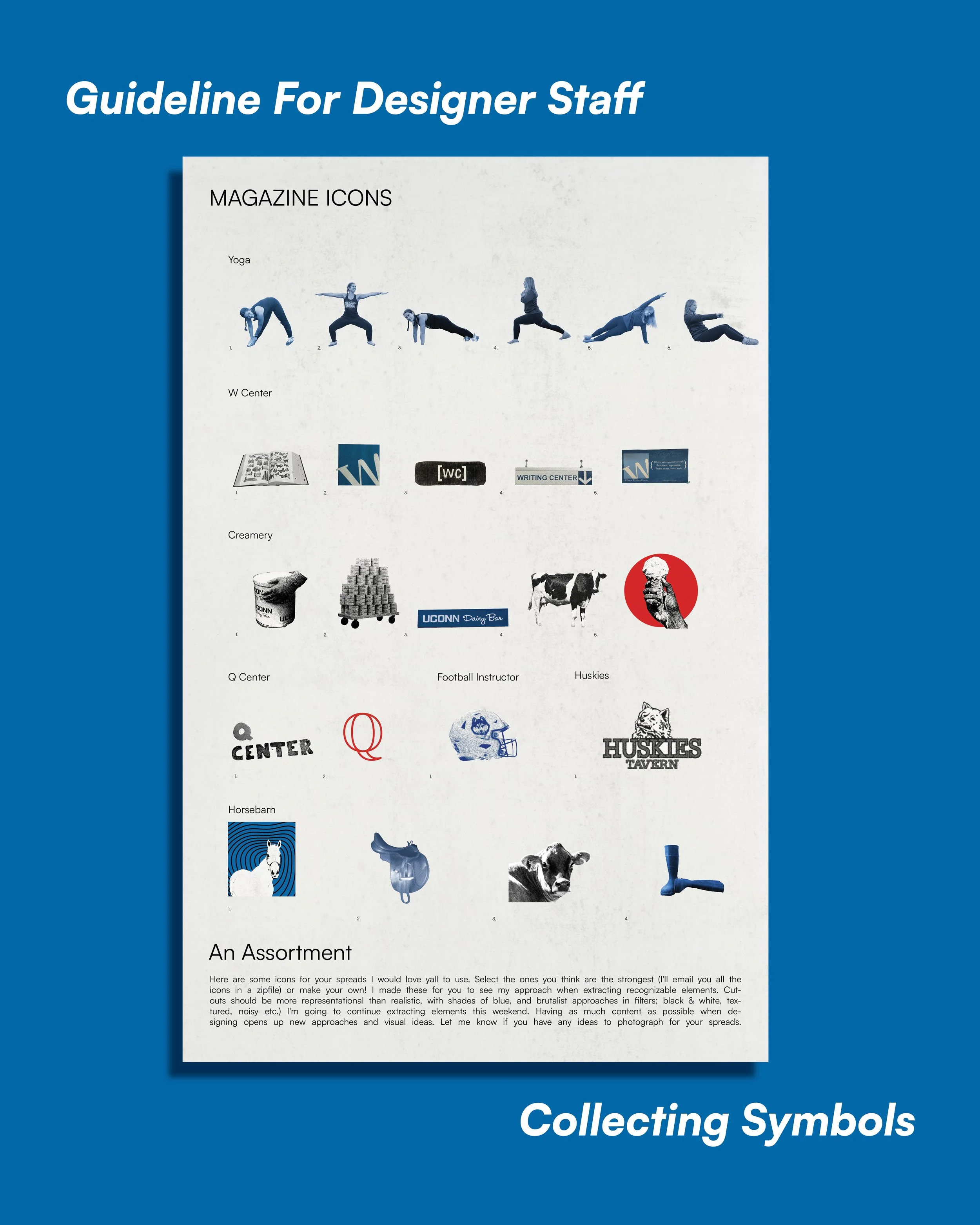 A summary guide for collector symbols, including various icons for magazine, creamery, center, football, huskies, and horse barn with illustrative images of each symbol.