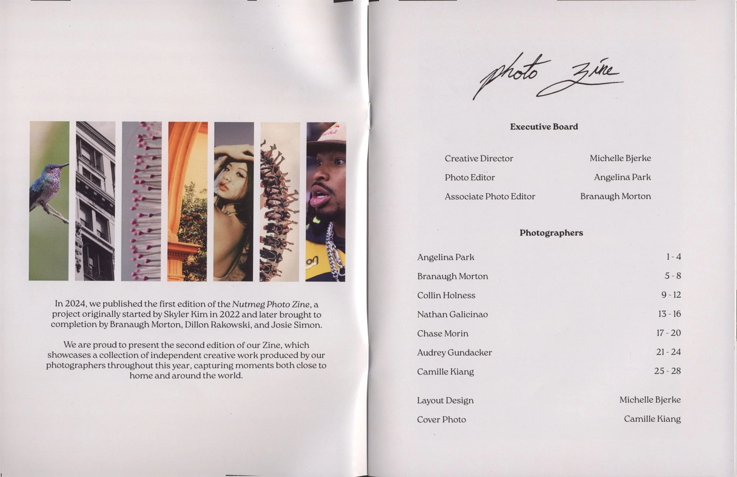 A two-page spread from a book or magazine featuring a vertical strip of various colorful photographs on the left page, including a hummingbird, architectural details, flowers, and people. The right page contains a list of names and page numbers, indicating sections or contributors, with the heading 'Executive Board' and 'Photographers.'