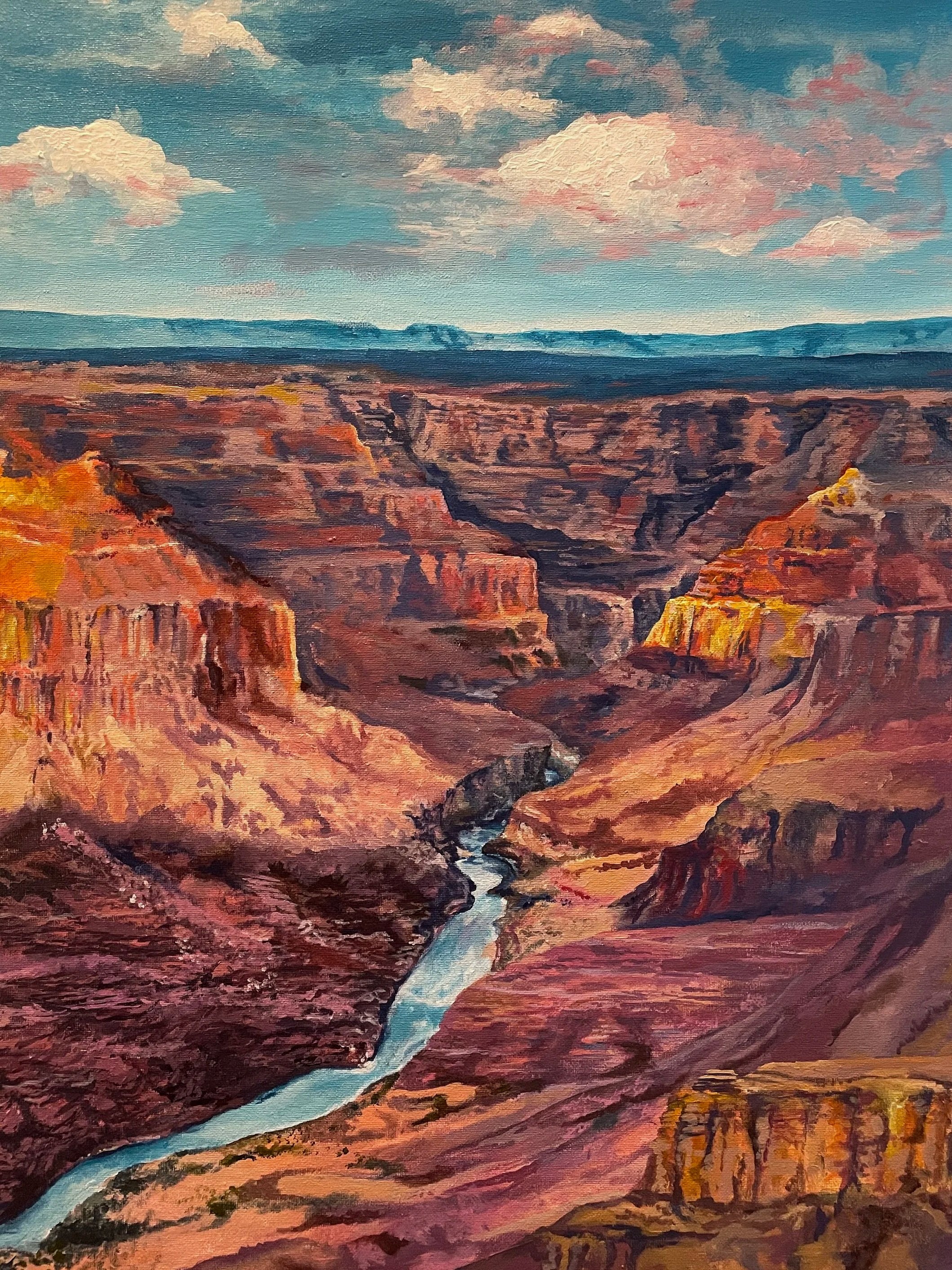 A painting of the Grand Canyon with a river flowing through the canyon and a partly cloudy sky overhead, rendered in vibrant, impressionistic brushstrokes.