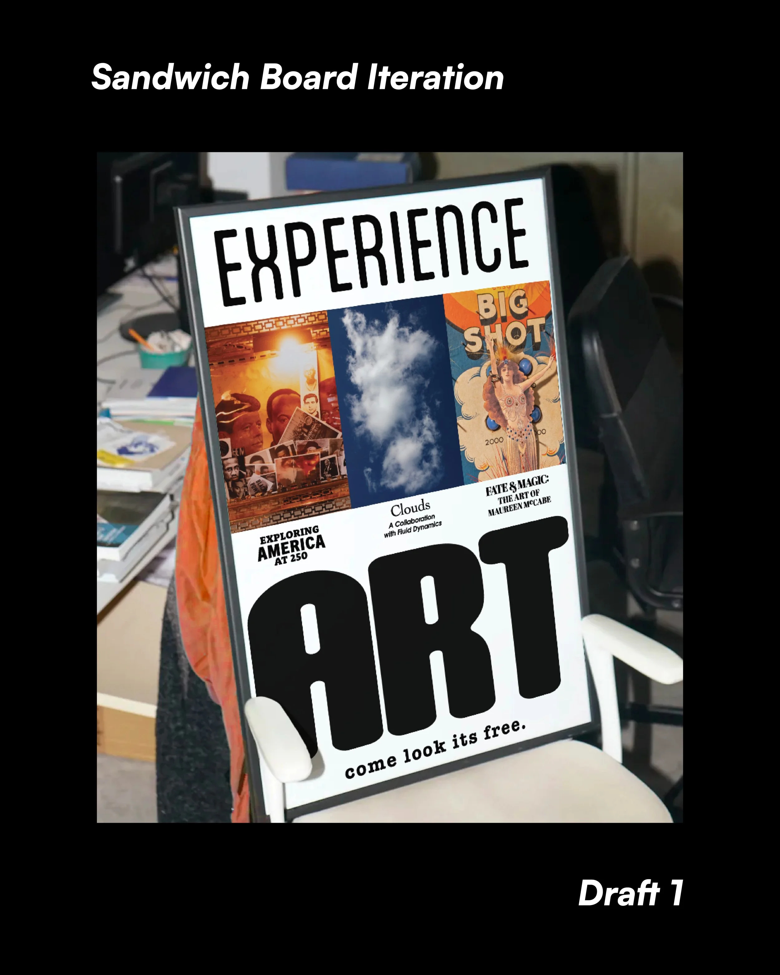 A black sandwich board sign with the wording 'Experience' in large font and additional smaller text below, placed on a white chair in an indoor setting with cluttered tables and chairs in the background.