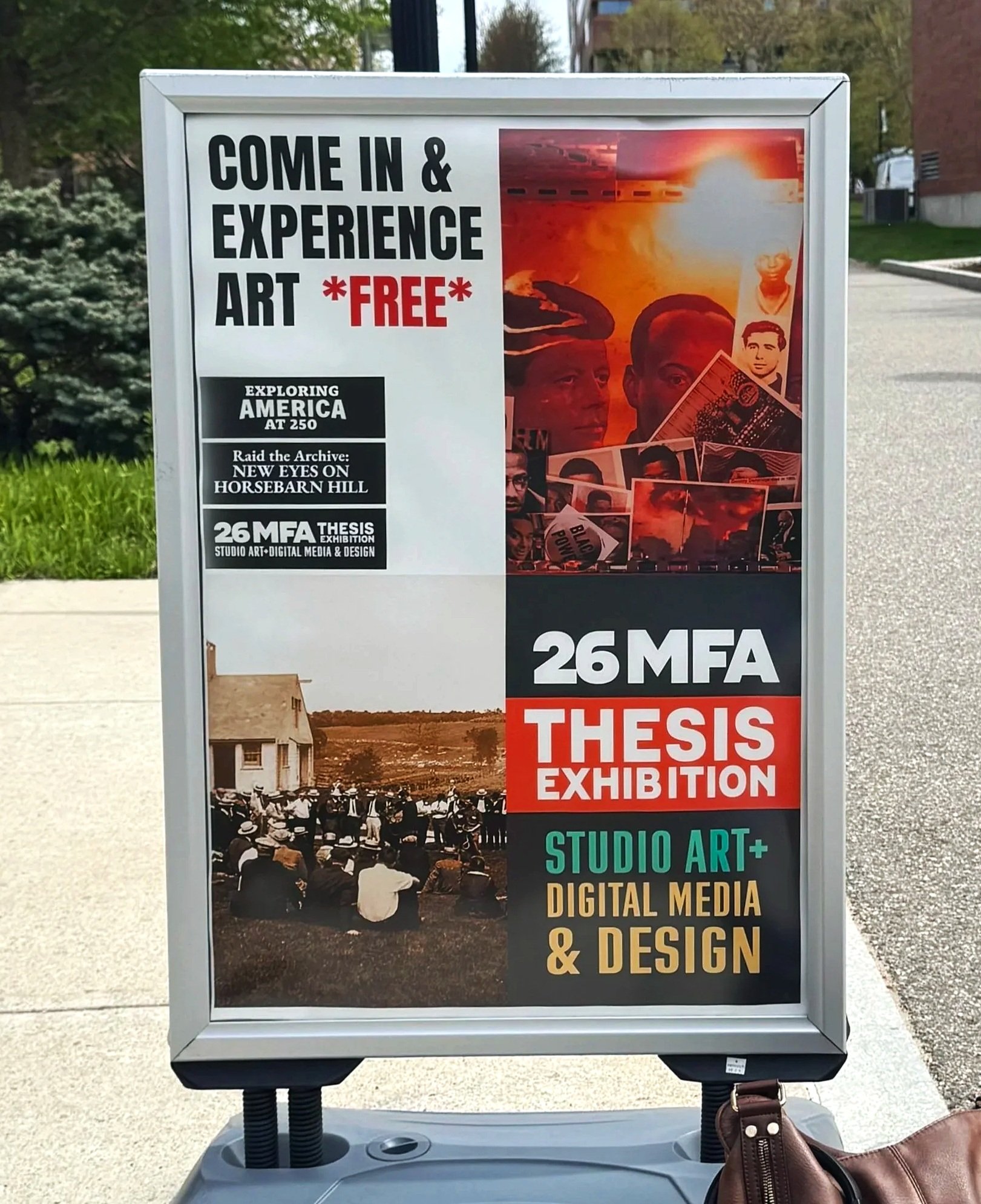 Sign promoting an art exhibition and thesis event with images of people, sunset, and artwork, and text about the event details.