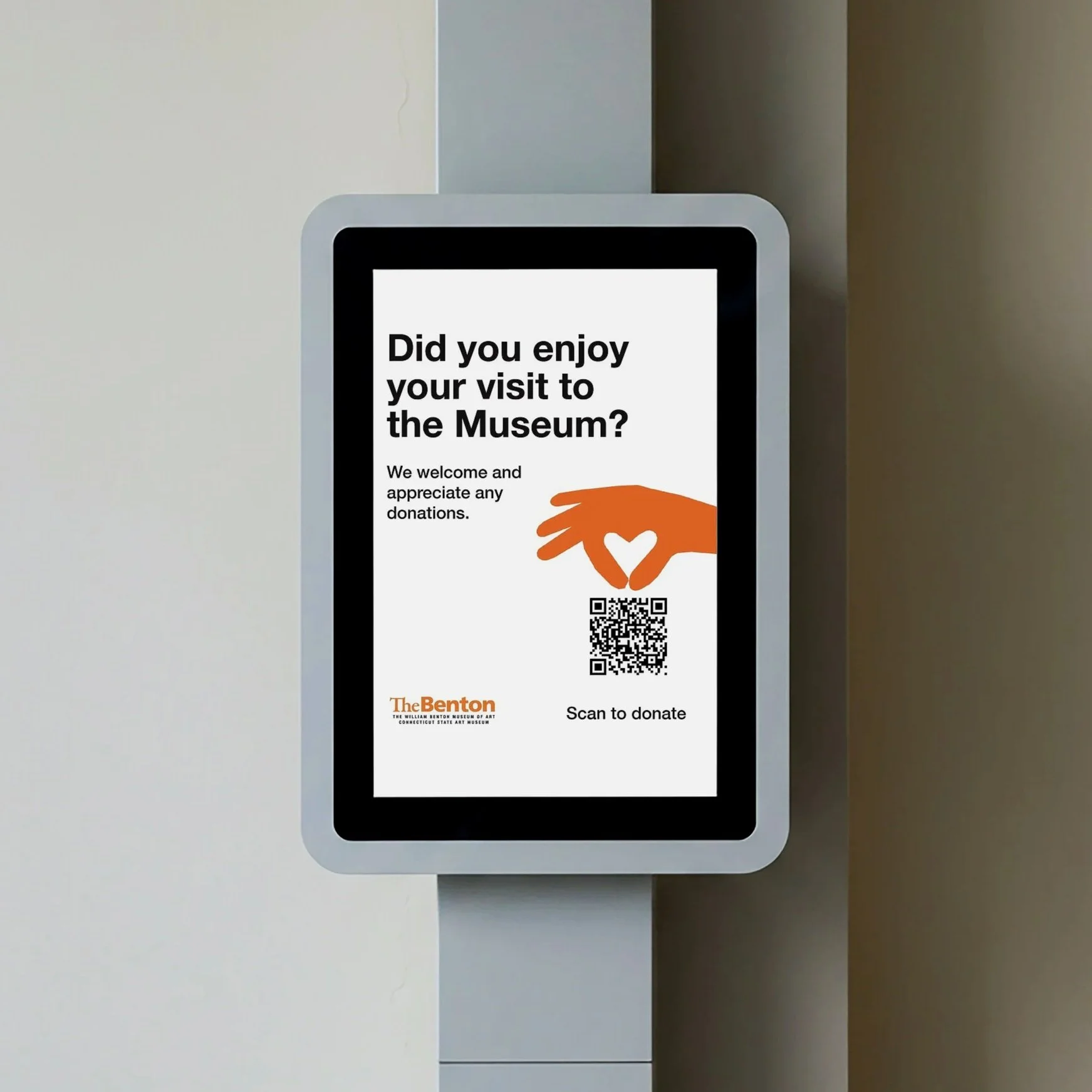 A digital screen displays a message asking if you enjoyed your visit to the museum, with a QR code below for donations. The message is from The Benton, Connecticut State Art Museum.