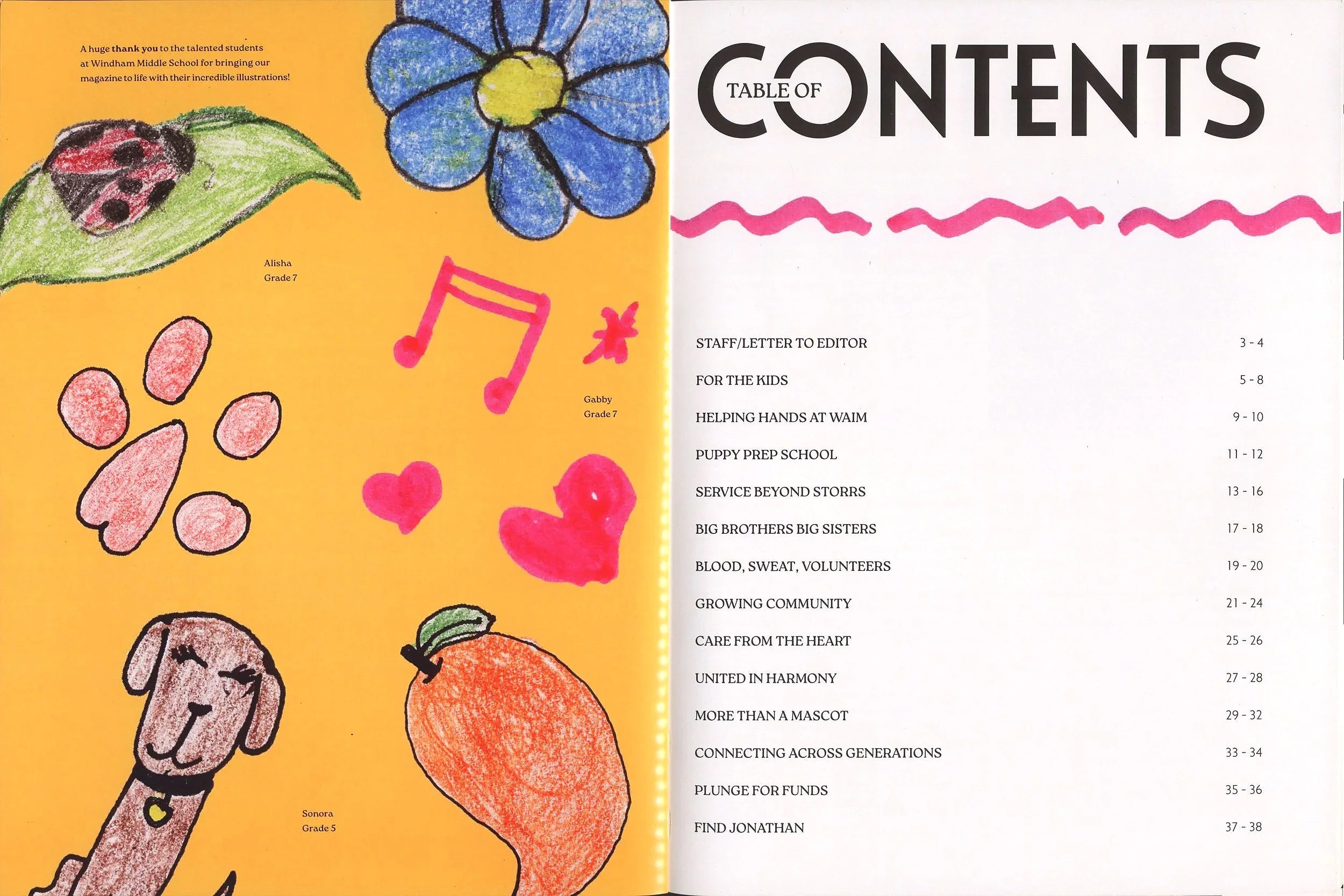 The image shows the table of contents page of a magazine or yearbook with colorful child-drawn illustrations on the left side, including a ladybug on a leaf, a pink paw print, a blue flower, a pink musical note, a heart, an orange carrot, and a giraffe. The right side lists various articles and their page numbers, with large black text at the top reading "TABLE OF CONTENTS."