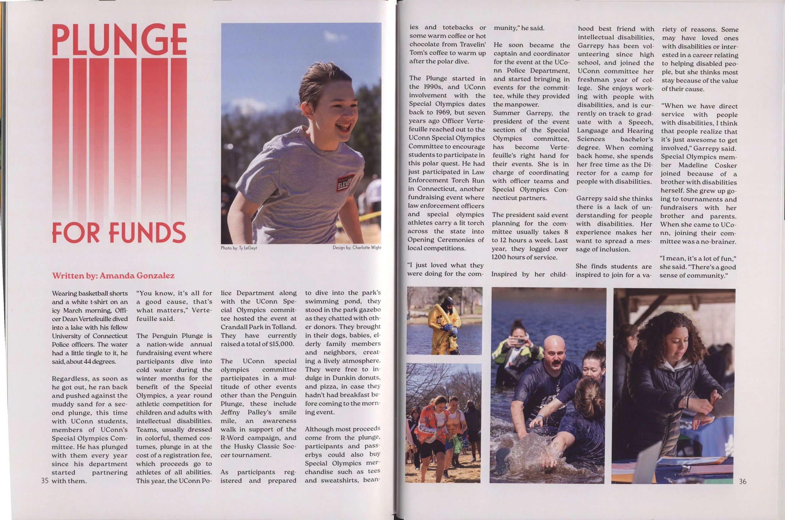 Magazines spread open to a two-page article about a charity event called Plunge for Funds, featuring a large photograph of a smiling young woman with short hair wearing a grey T-shirt at an outdoor event and multiple smaller photos of people participating in outdoor activities by a body of water.